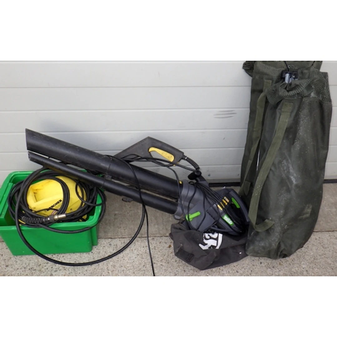 A Karcher pressure washer, leaf blower and two chairs