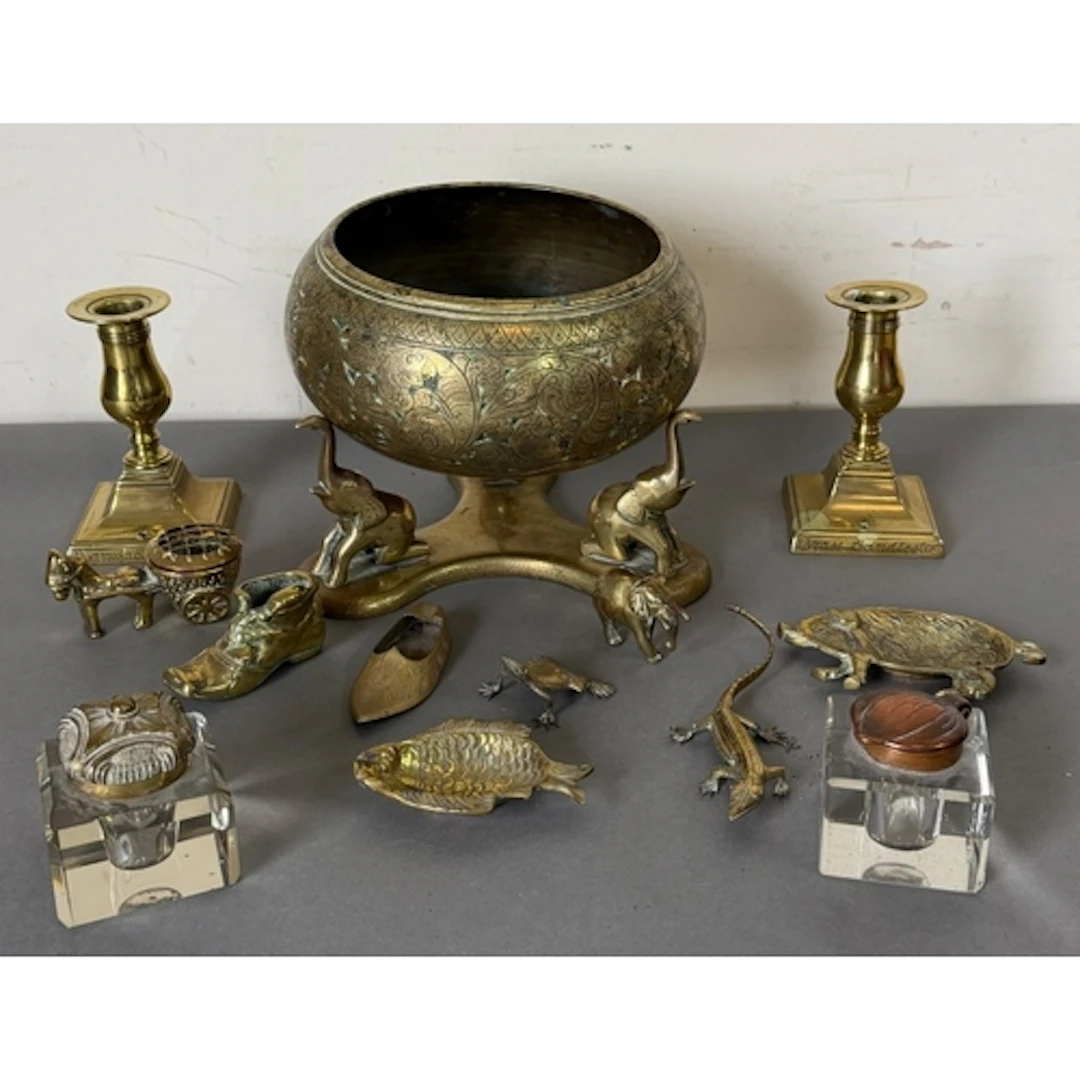 A selection of brass and glass Inkwells, brass bowl on a tri...
