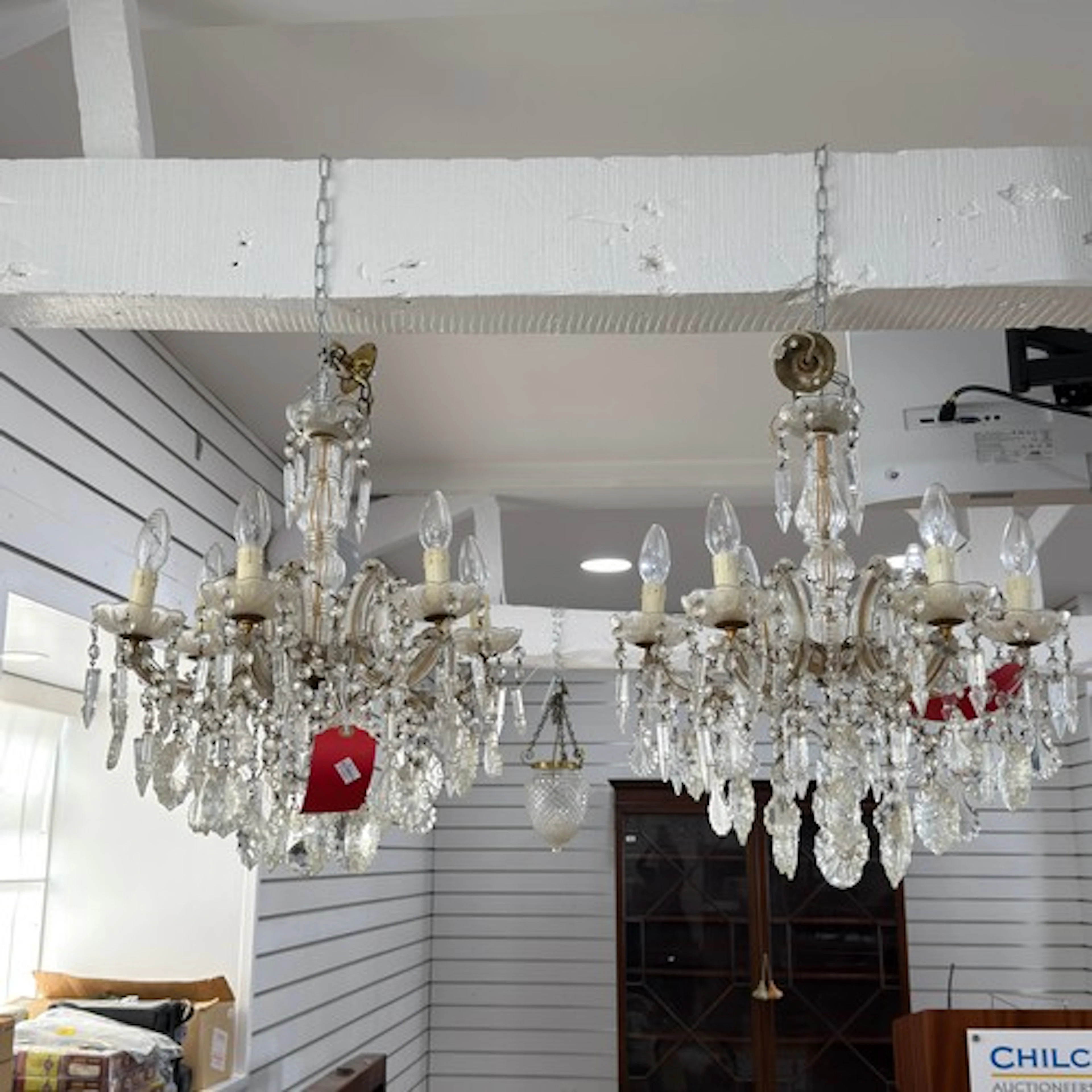 A pair of antique six light glass Chandeliers, with crystal ...