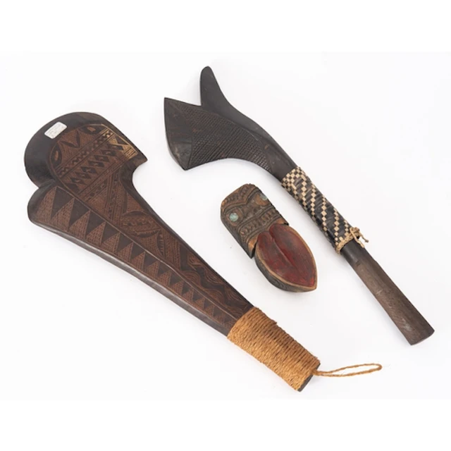 A Fijian Sali war club or tebetebe battle axe, hardwood with...