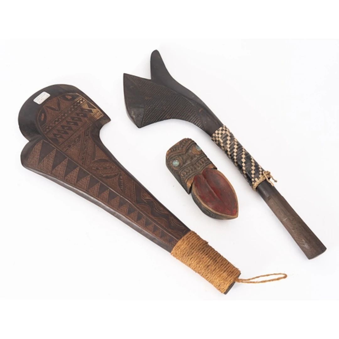 A Fijian Sali war club or tebetebe battle axe, hardwood with...