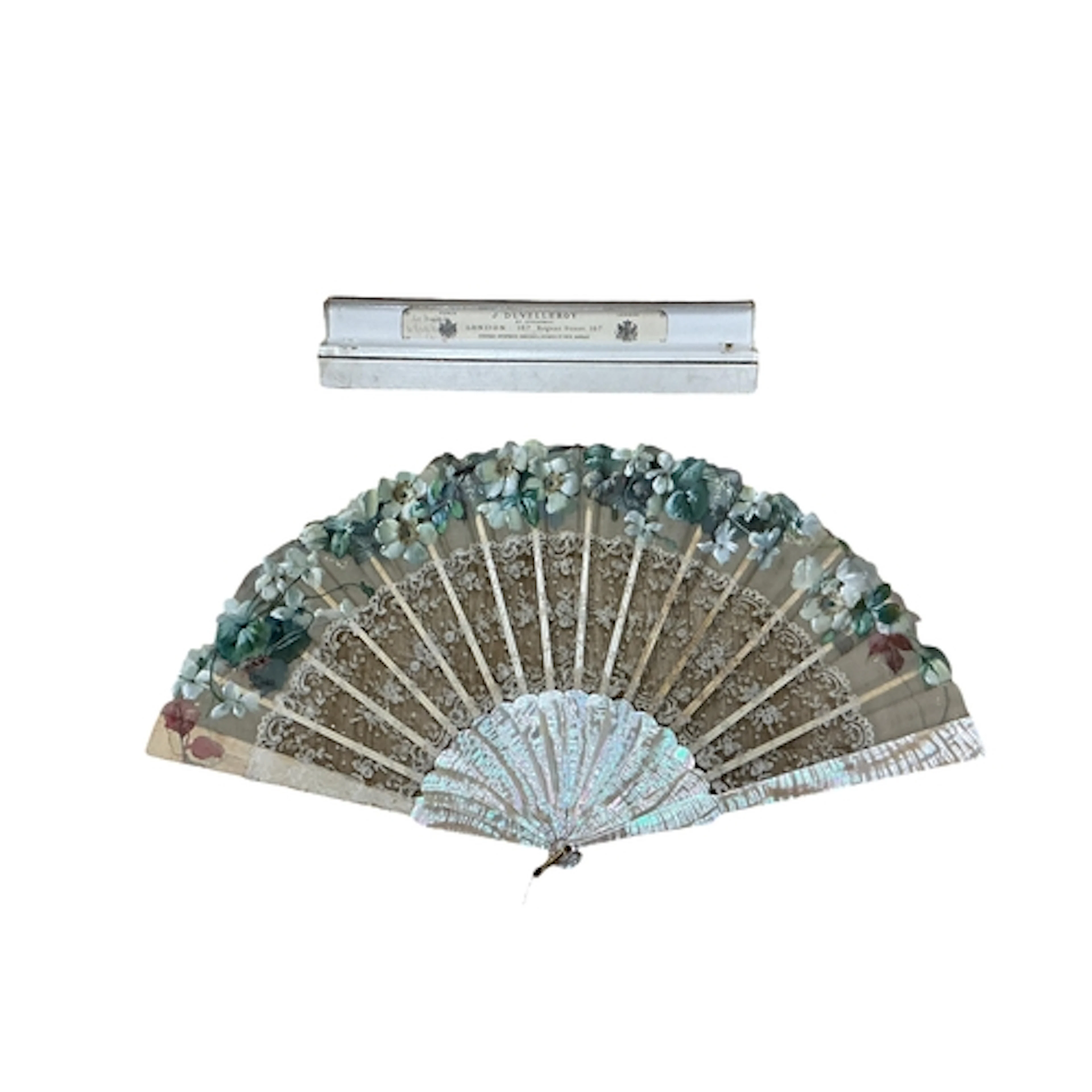 A French Duvelleroy mother of pearl and lace fan, hand paint...