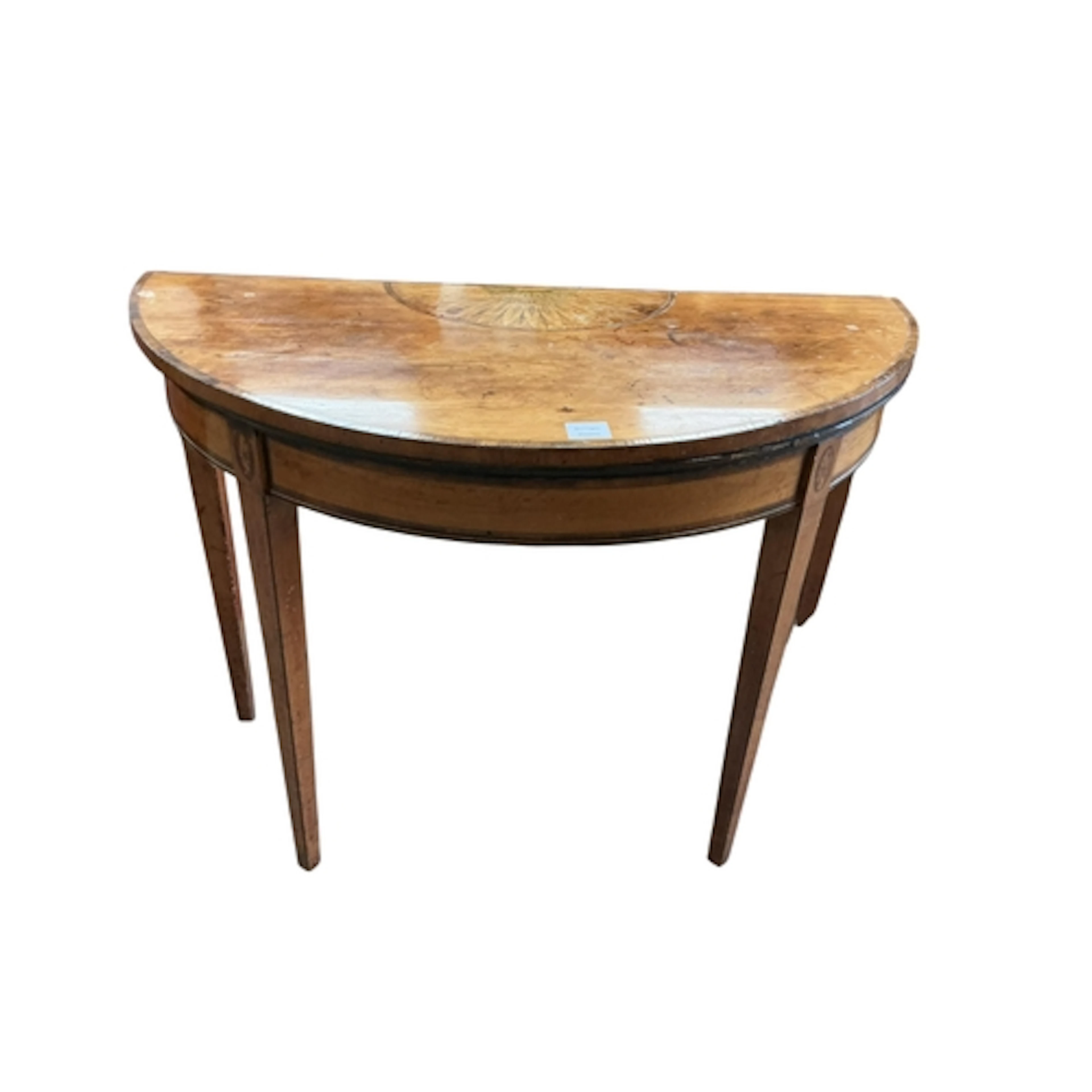 A George III satinwood and marquetry fold over demi lune car...