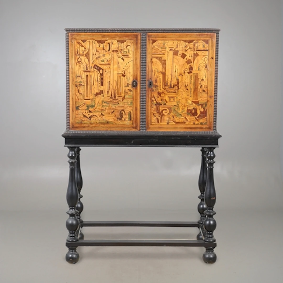 A 17TH CENTURY SOUTH GERMAN WALNUT AND FRUITWOOD MARQUETRY C...