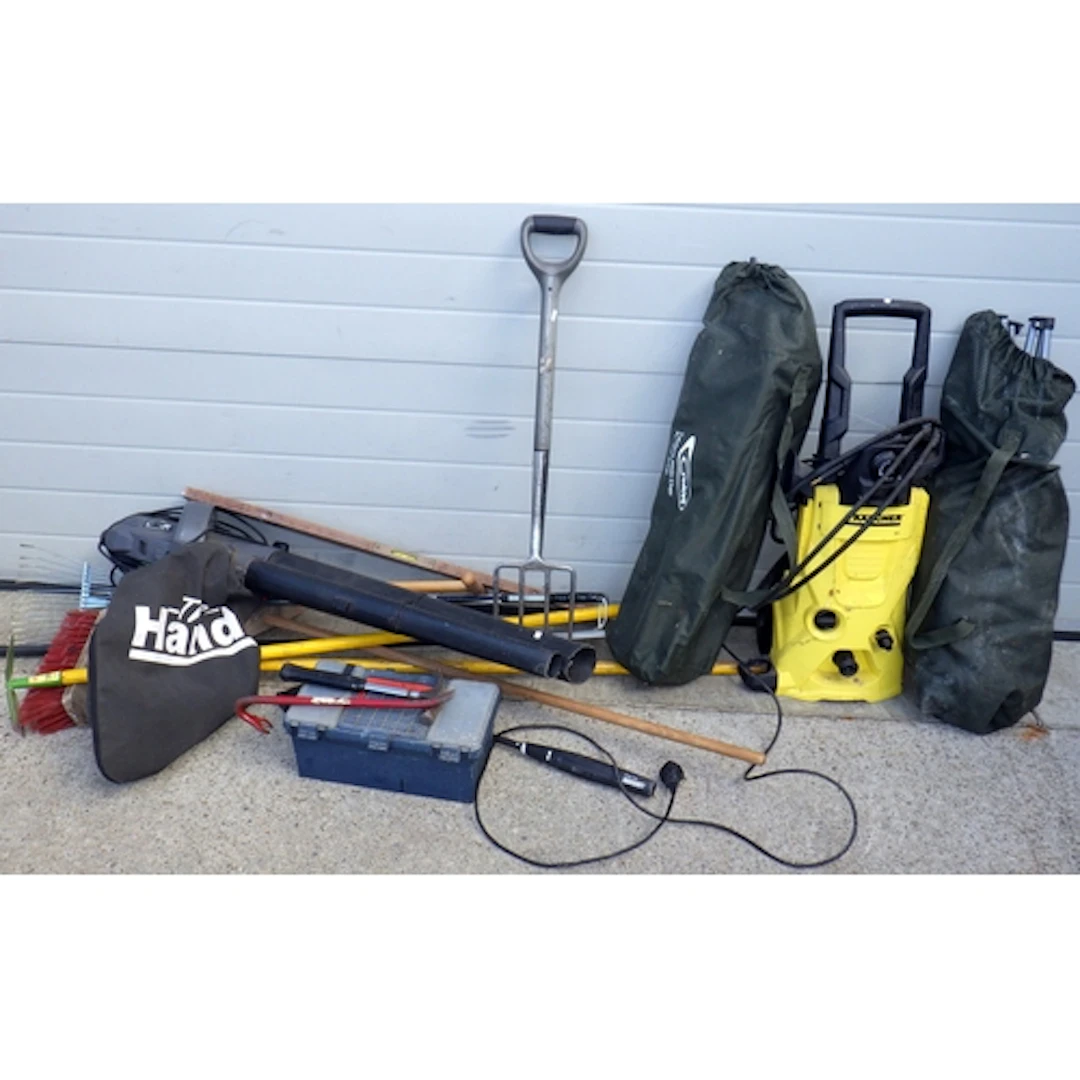A Karcher pressure washer, leaf blower, tools folding chairs...