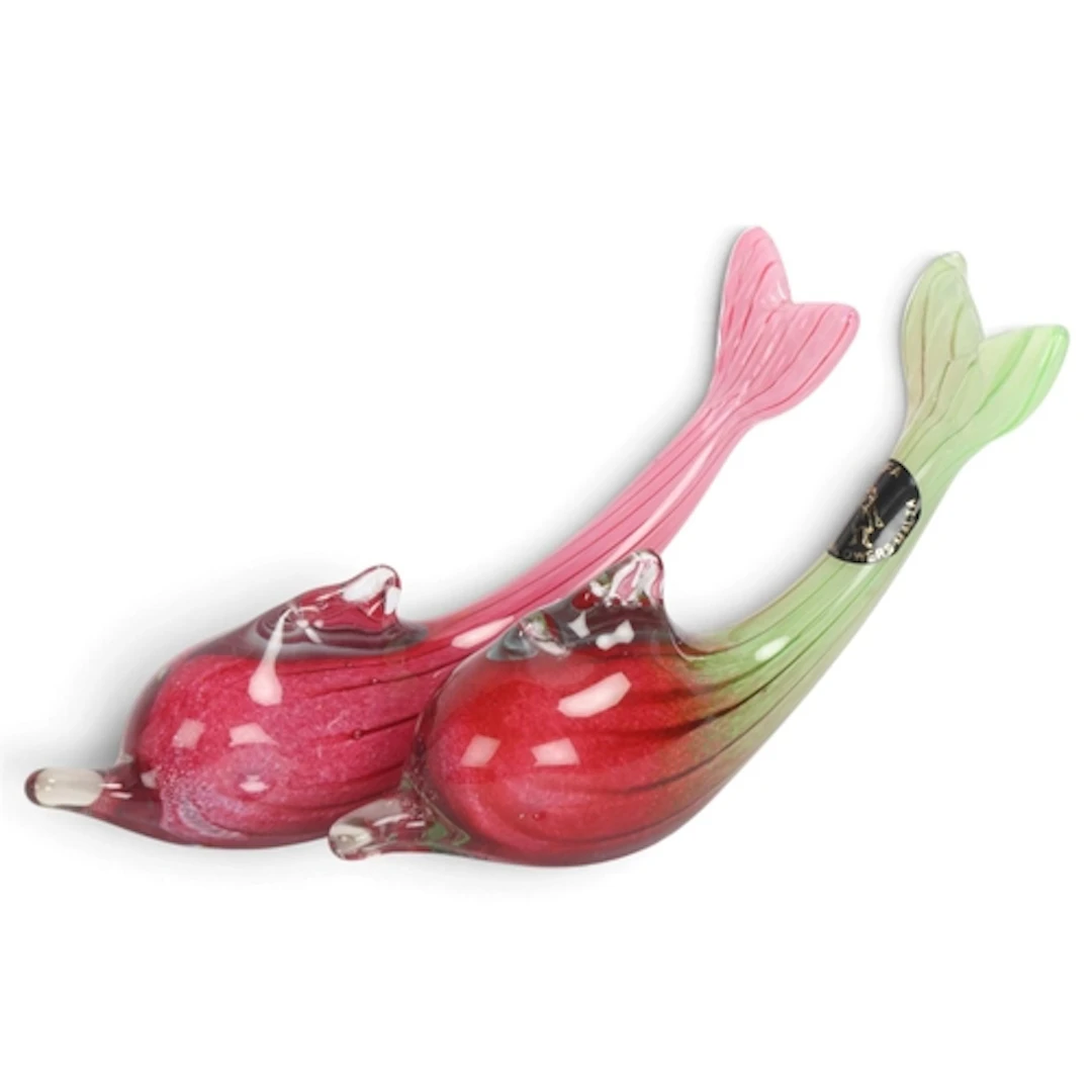 Mtarfa, Malta, a pair of studio glass dolphins, one with lab...