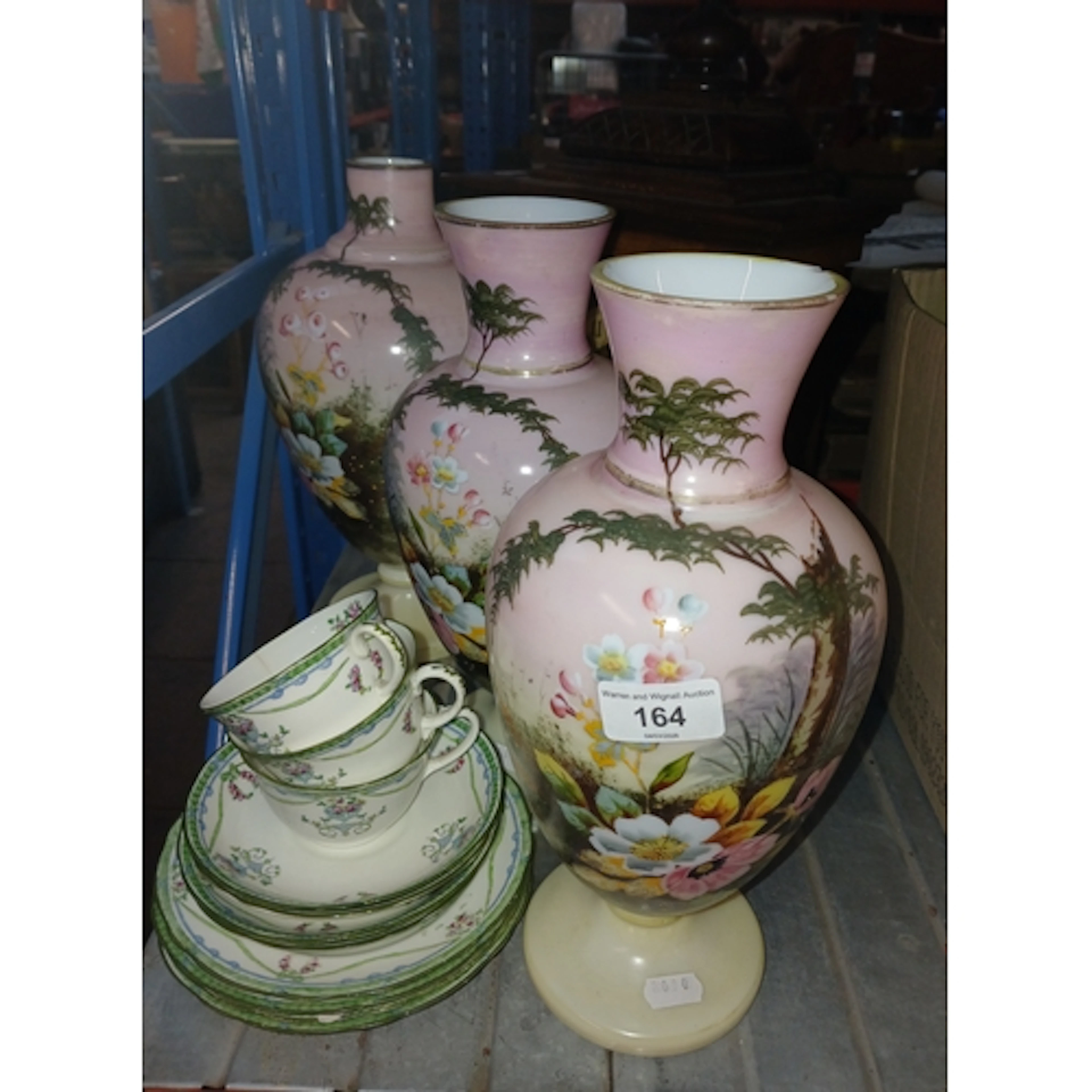 A mixed lot including a group of three Victorian painted gla...