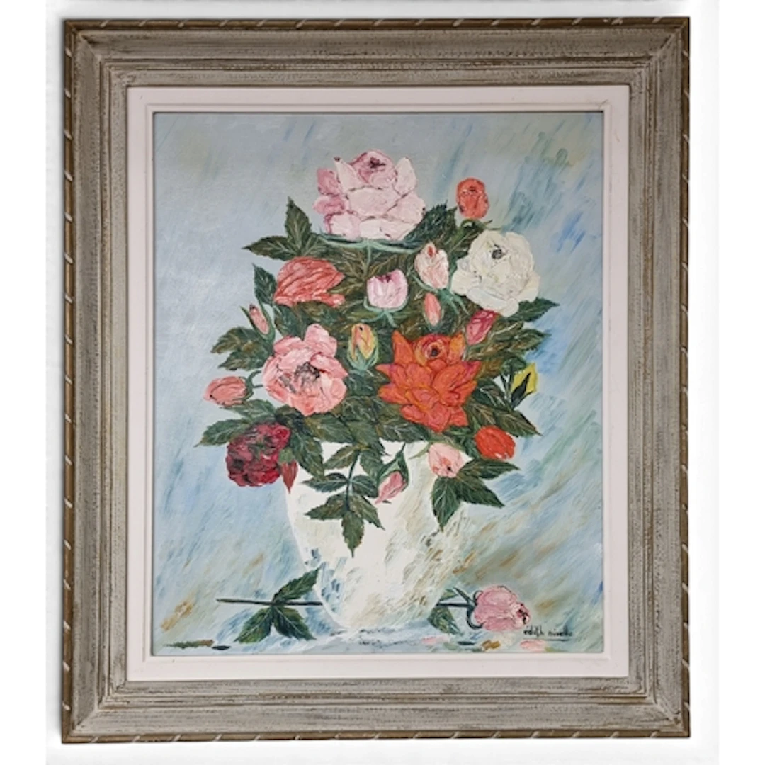 Edith Nivelle. A 20th Century Oil on Board Still Life of Ros...