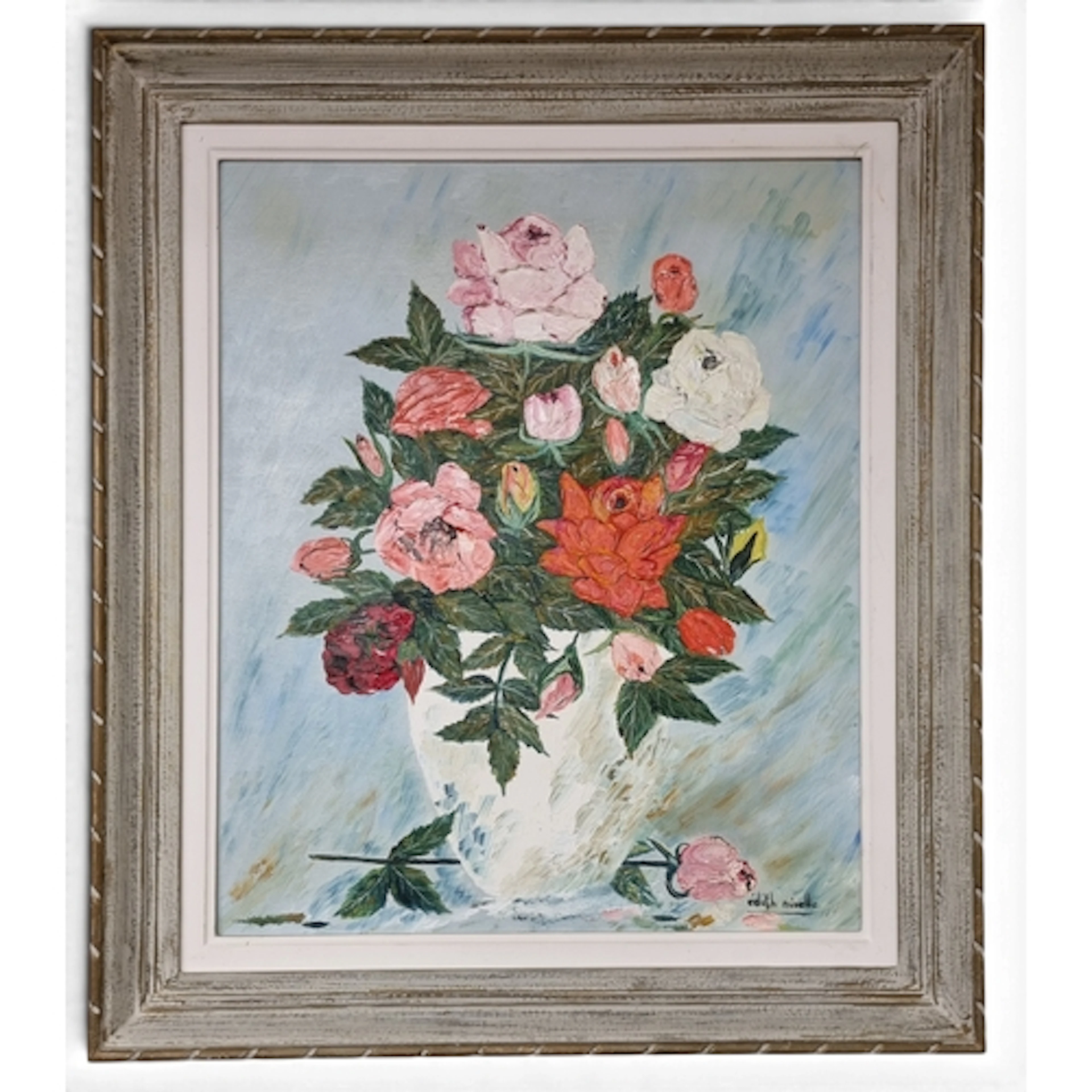 Edith Nivelle. A 20th Century Oil on Board Still Life of Ros...