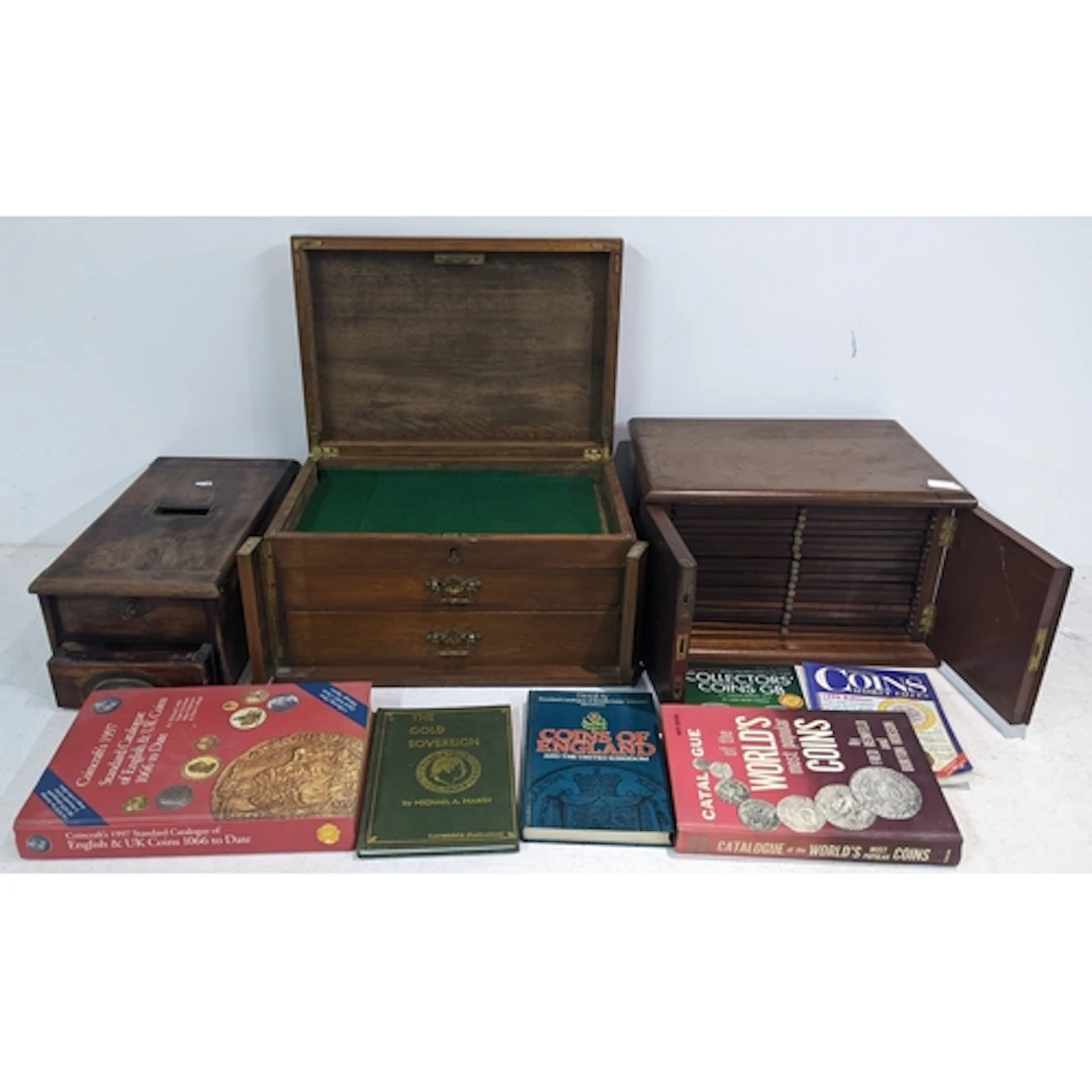 A mixed lot to include a Victorian till, two collectors ches...