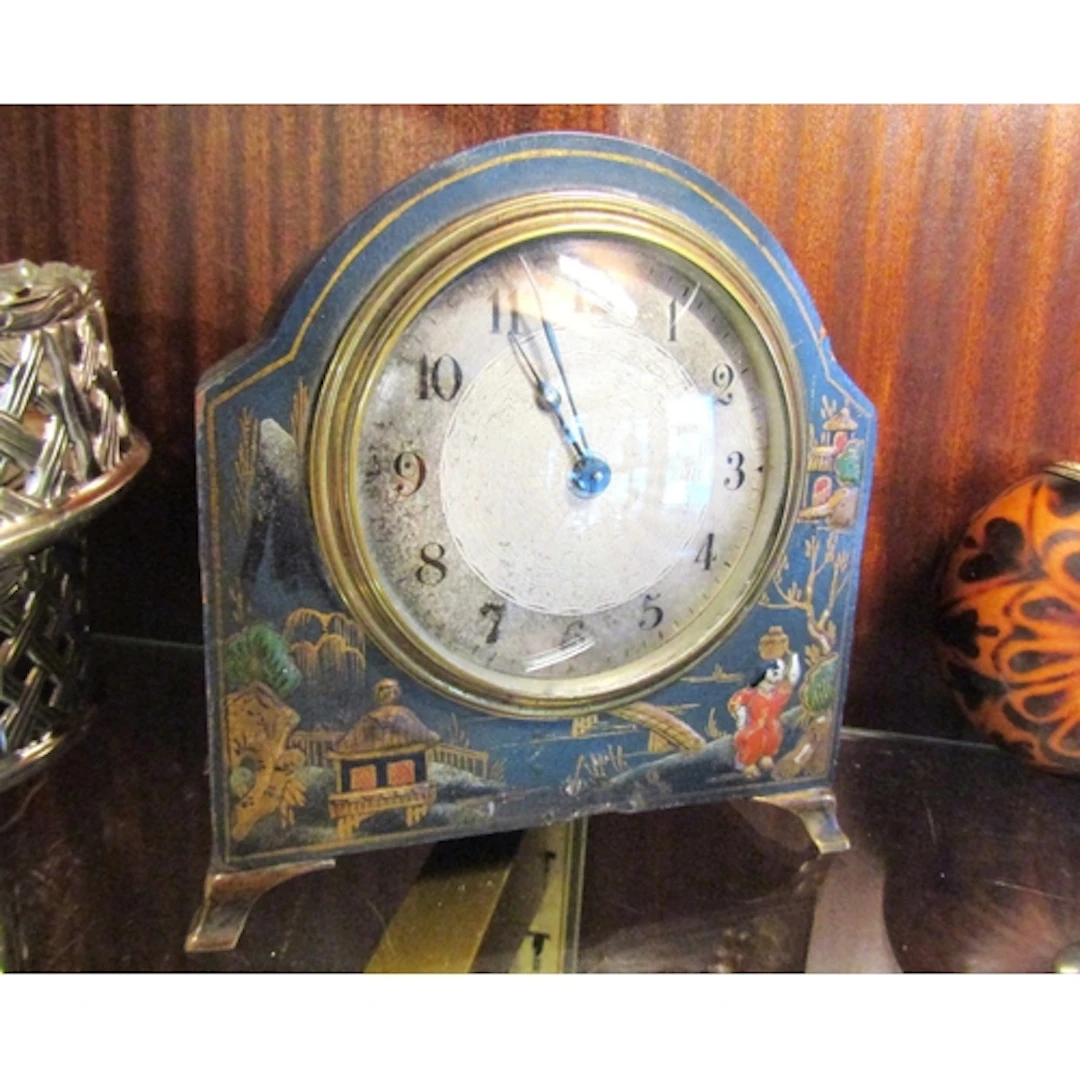 Edwardian Chinoiserie Decorated Mantel Clock with Brass Boun...