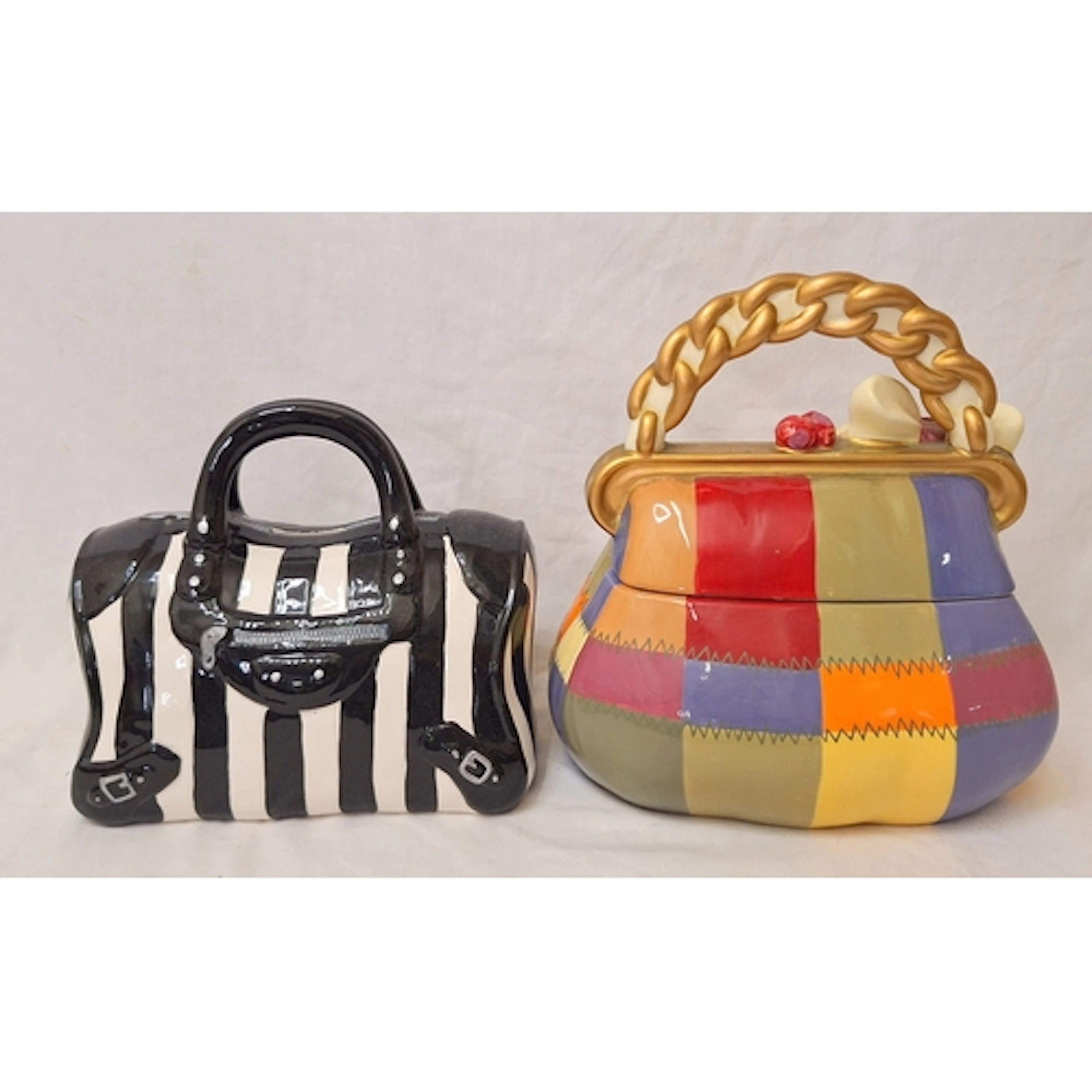 2 Ceramic Handbags, lidded pot & money box, tallest approx. ...
