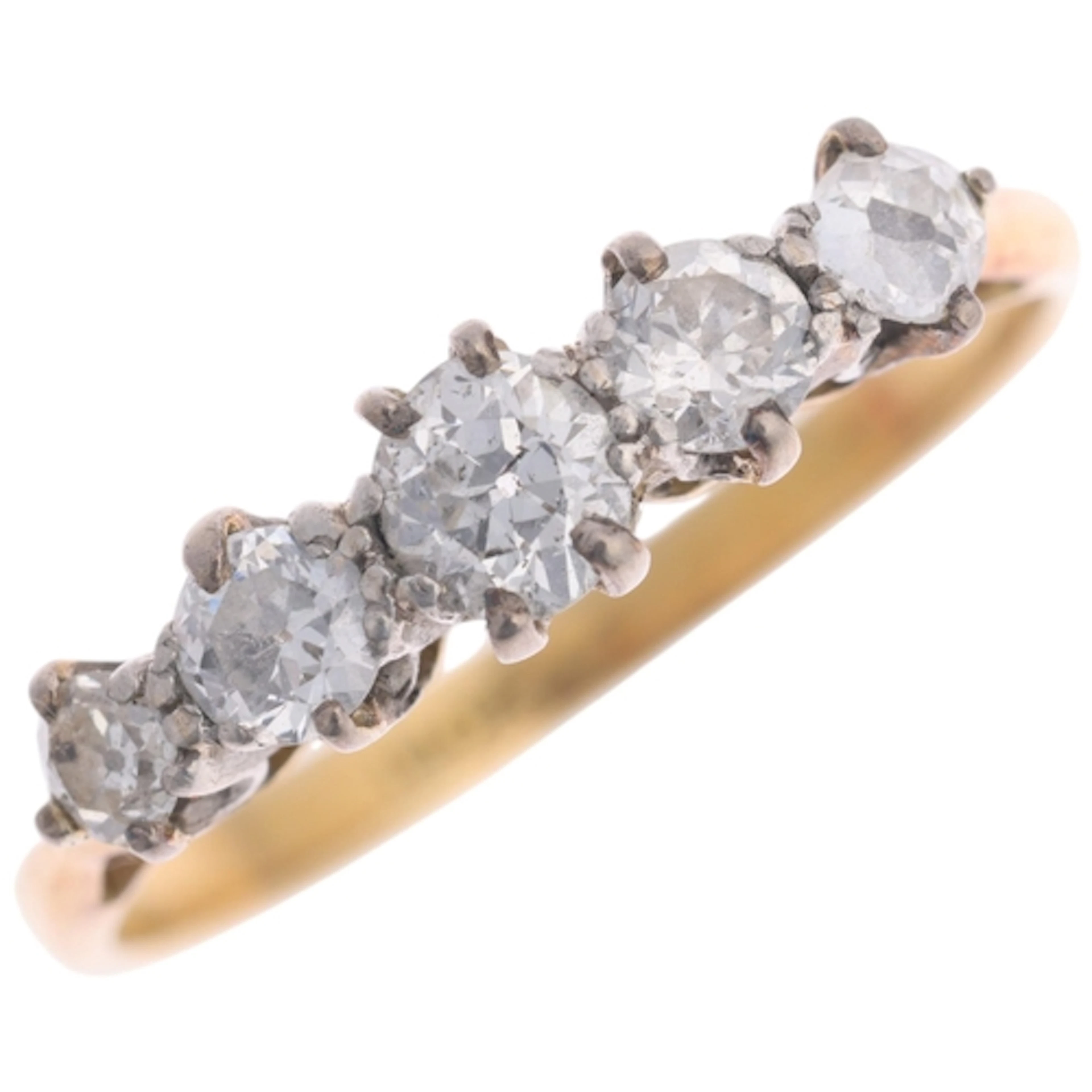 An 18ct gold five stone diamond ring, claw set with graduate...