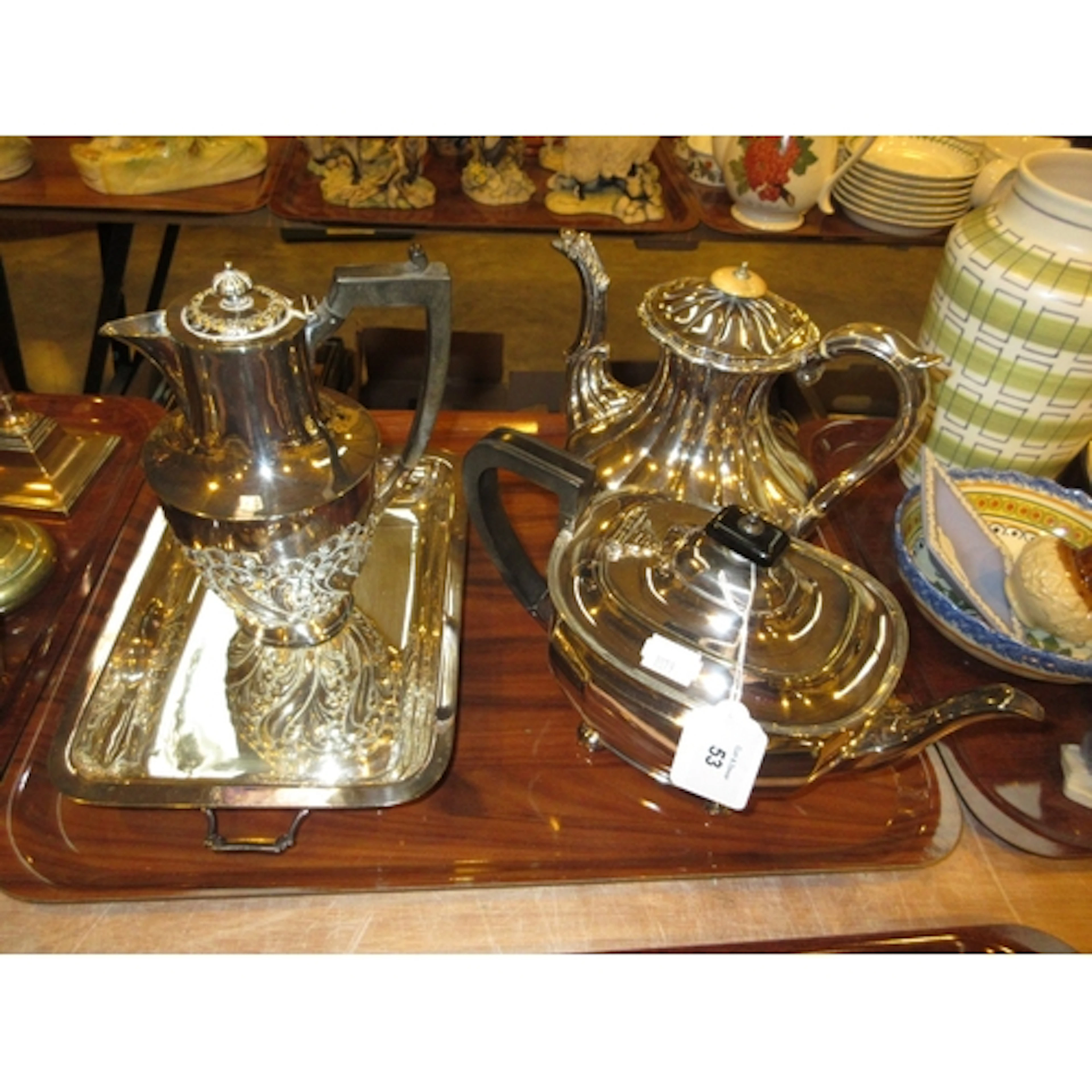 Two Silver Plated Teapots, Hot Water Jug and a Dish
