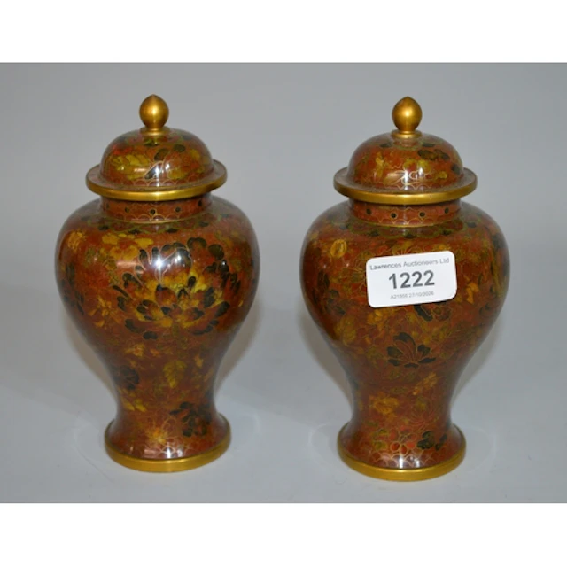 Pair of small 20th Century cloisonné vases with covers, toge...