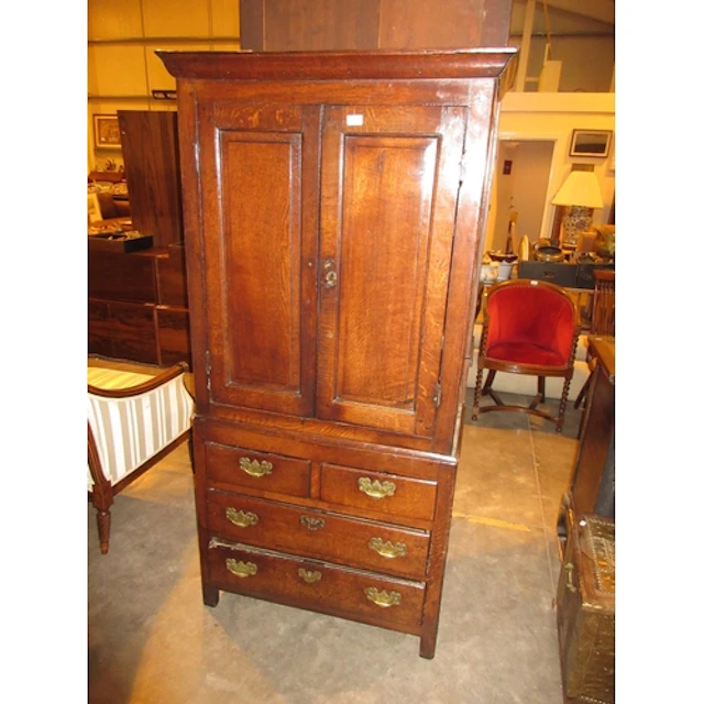 Antique Oak Cabinet on Chest, the Upper Section having Field...