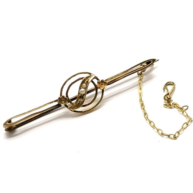 Antique 9ct marked gold bar brooch set with pearl - 5cm & 2g...