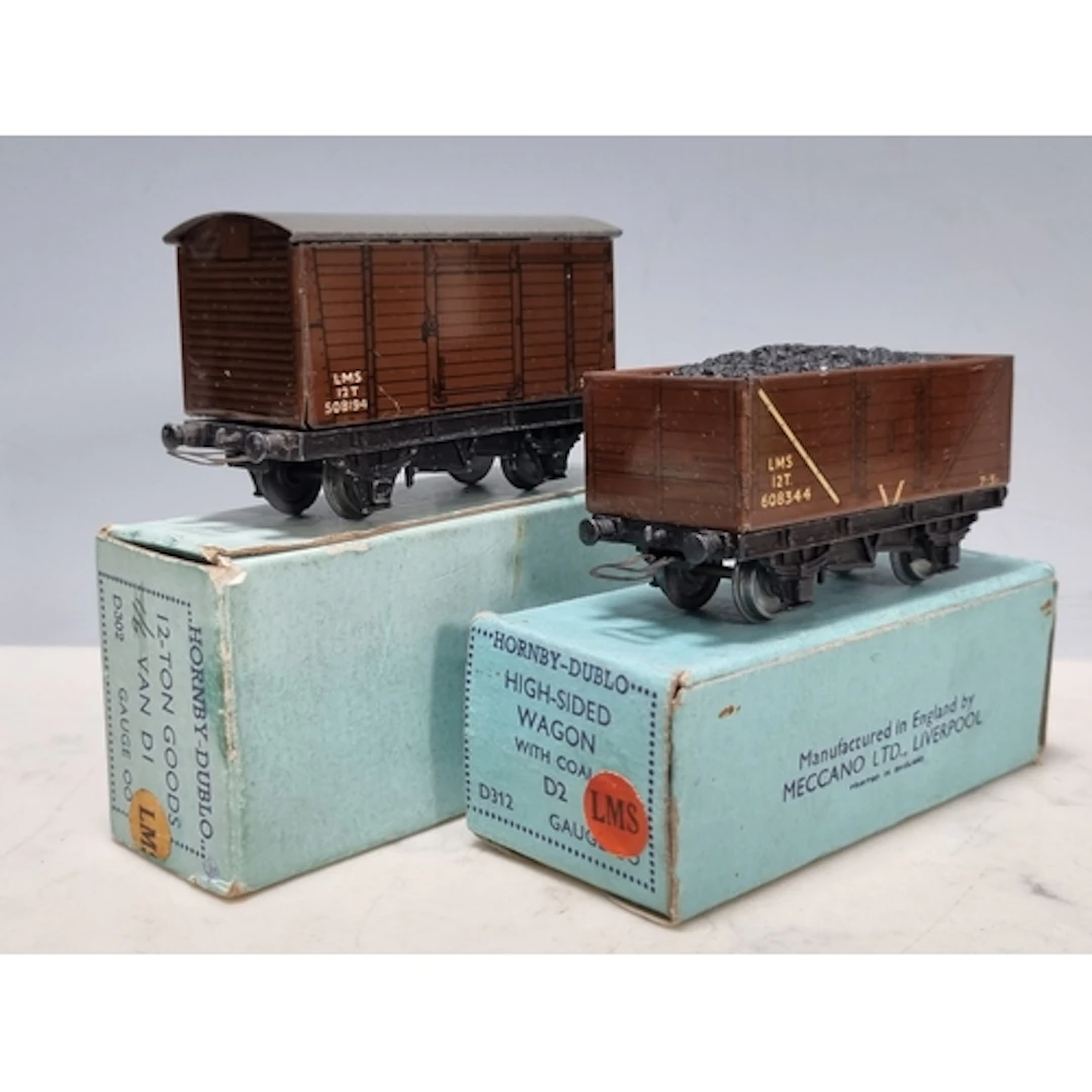 A boxed Hornby Dublo pre-war D2 LMS High-sided Coal Wagon an...