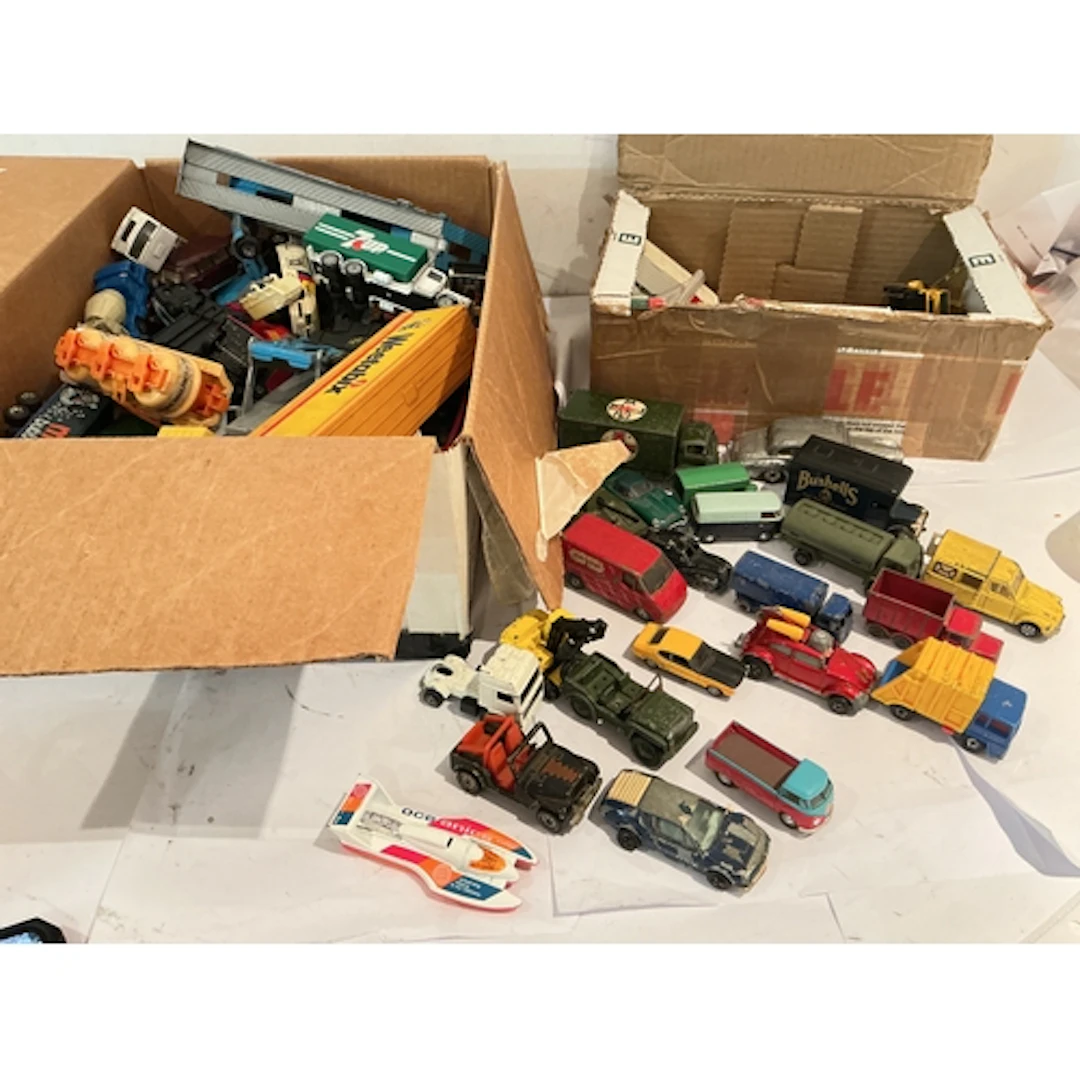 2 Boxes Containing Playworn Diecast, including Dinky, Matchb...