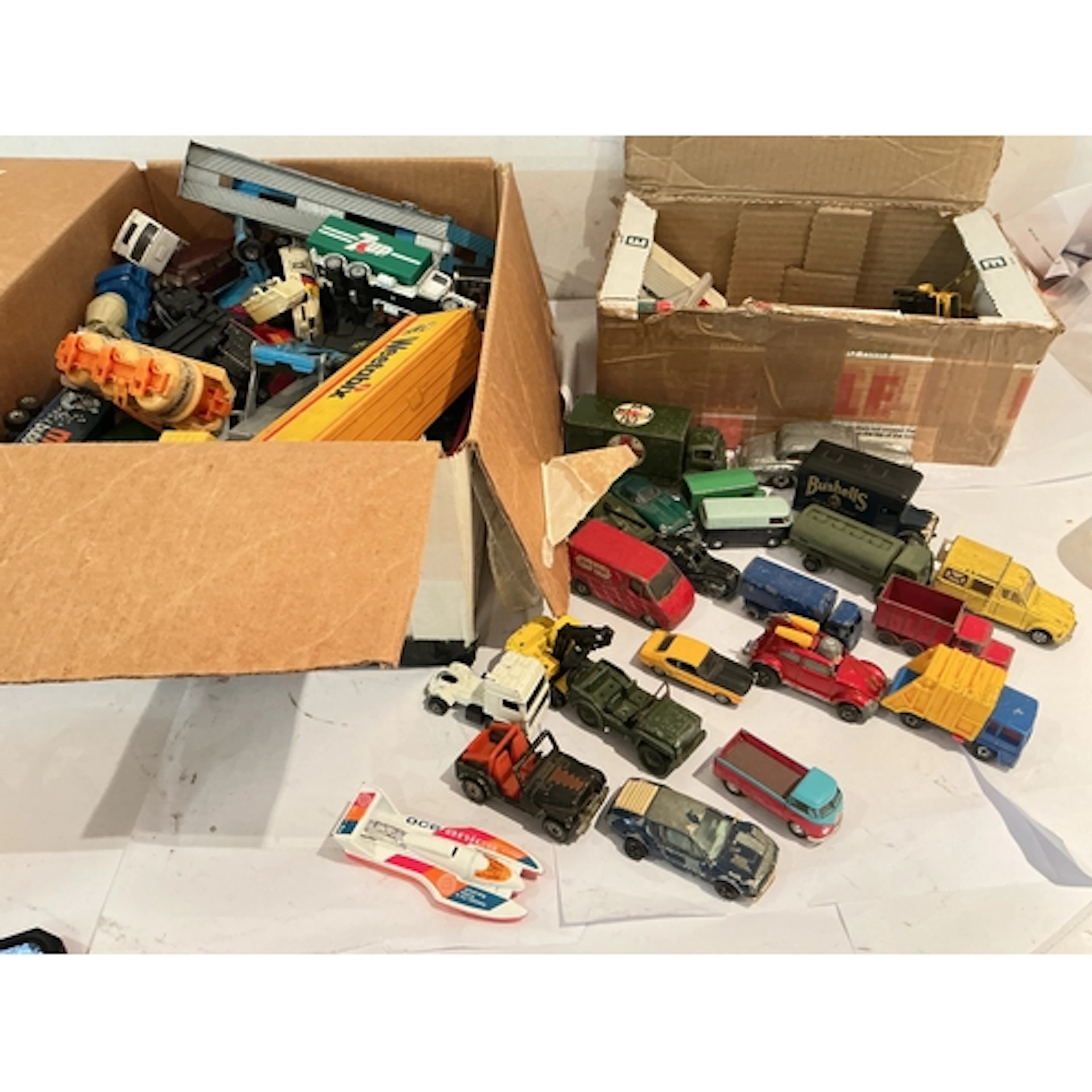 2 Boxes Containing Playworn Diecast, including Dinky, Matchb...