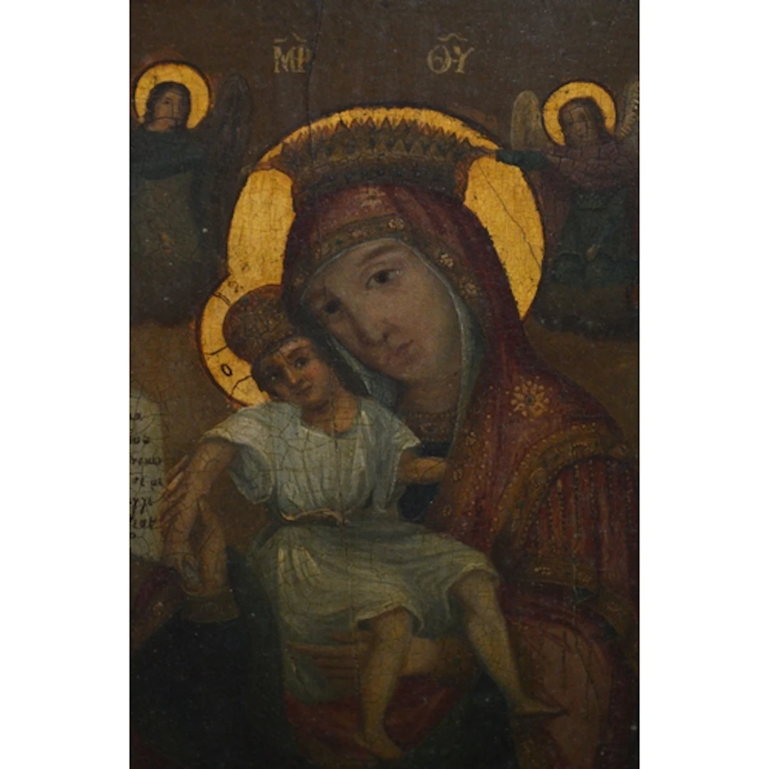 19th Century icon on wooden panel, The Madonna and Child, 27...