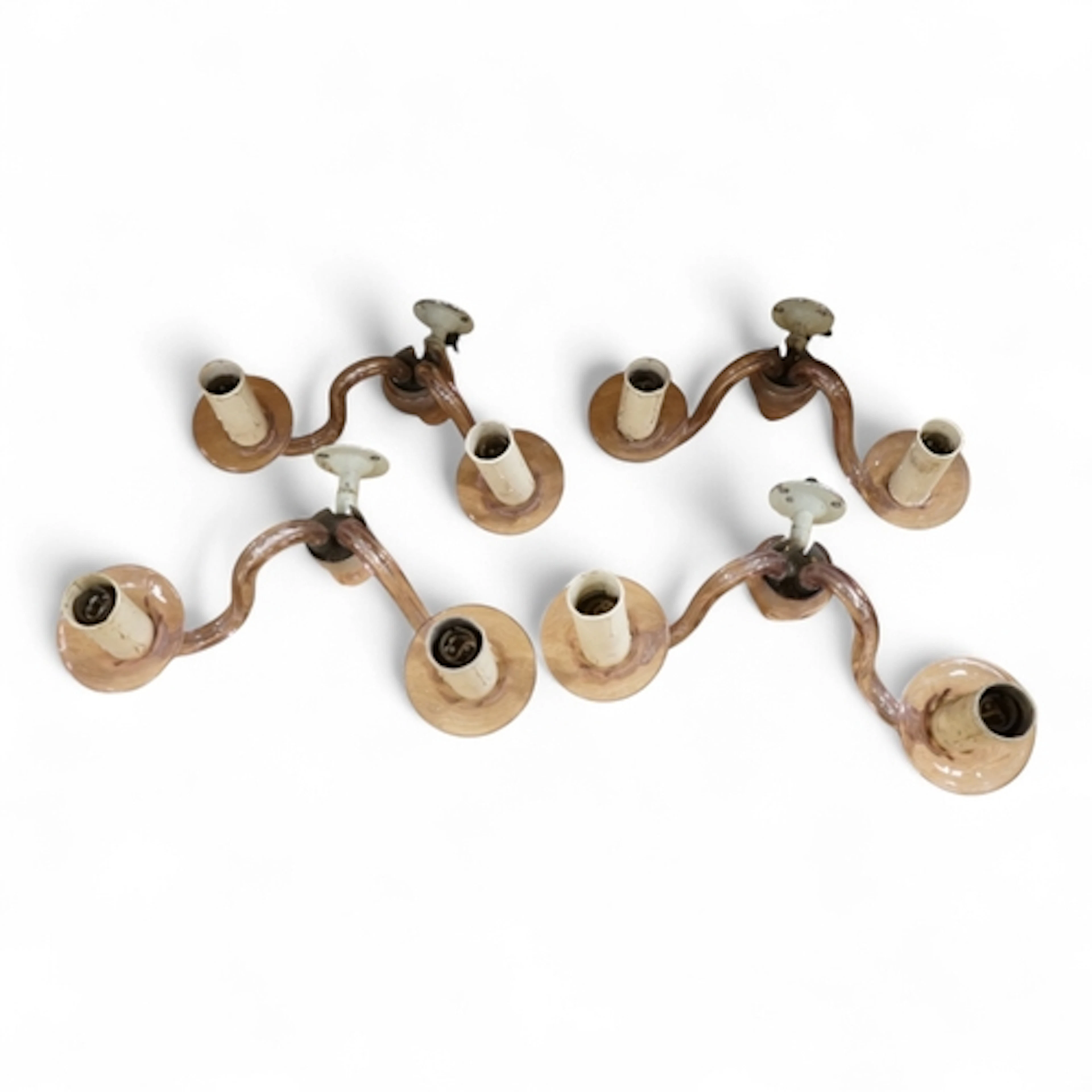 A set of four, two branch, pink glass wall lights, 25cm dee...