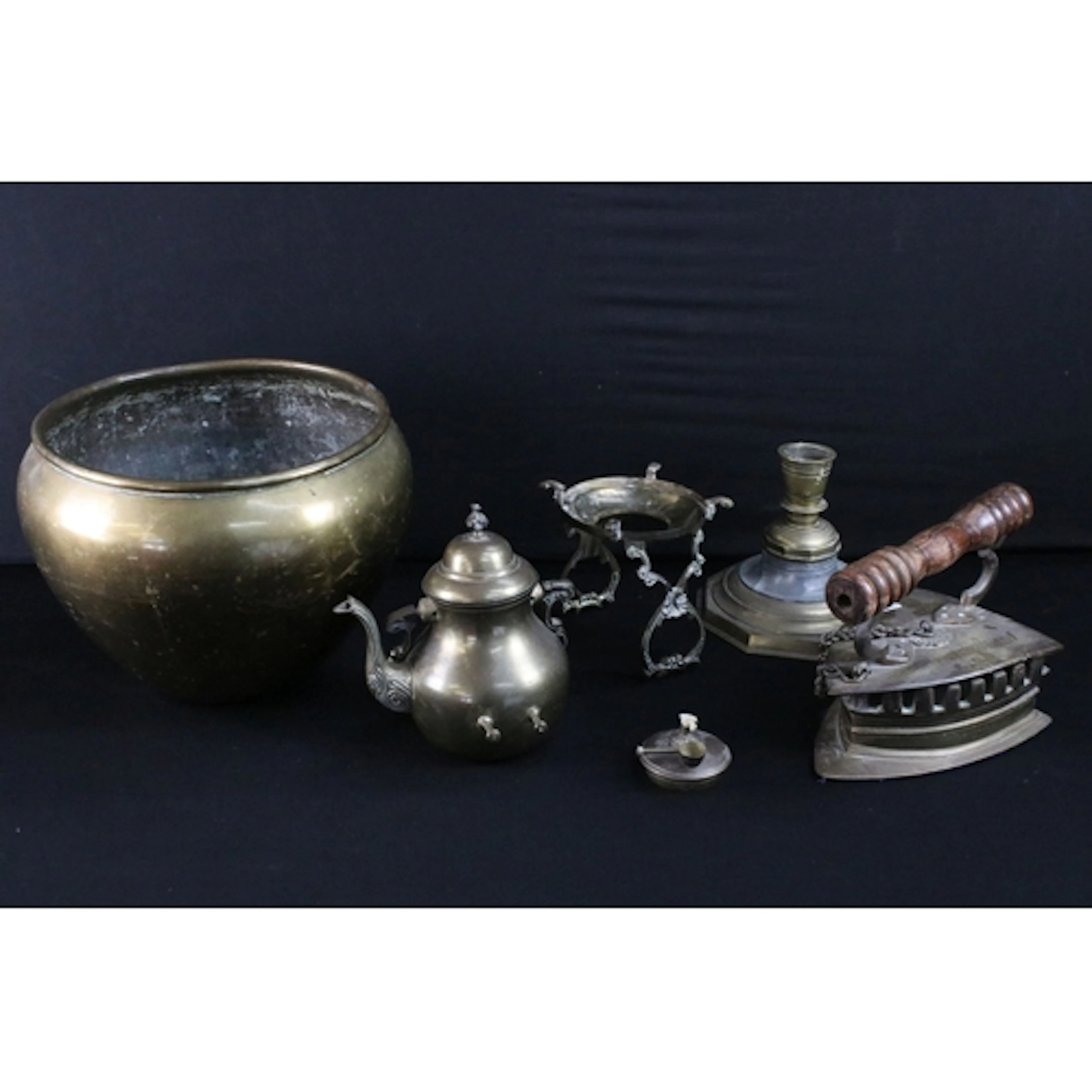 Collection of brassware, to comprise an iron, spirit kettle ...