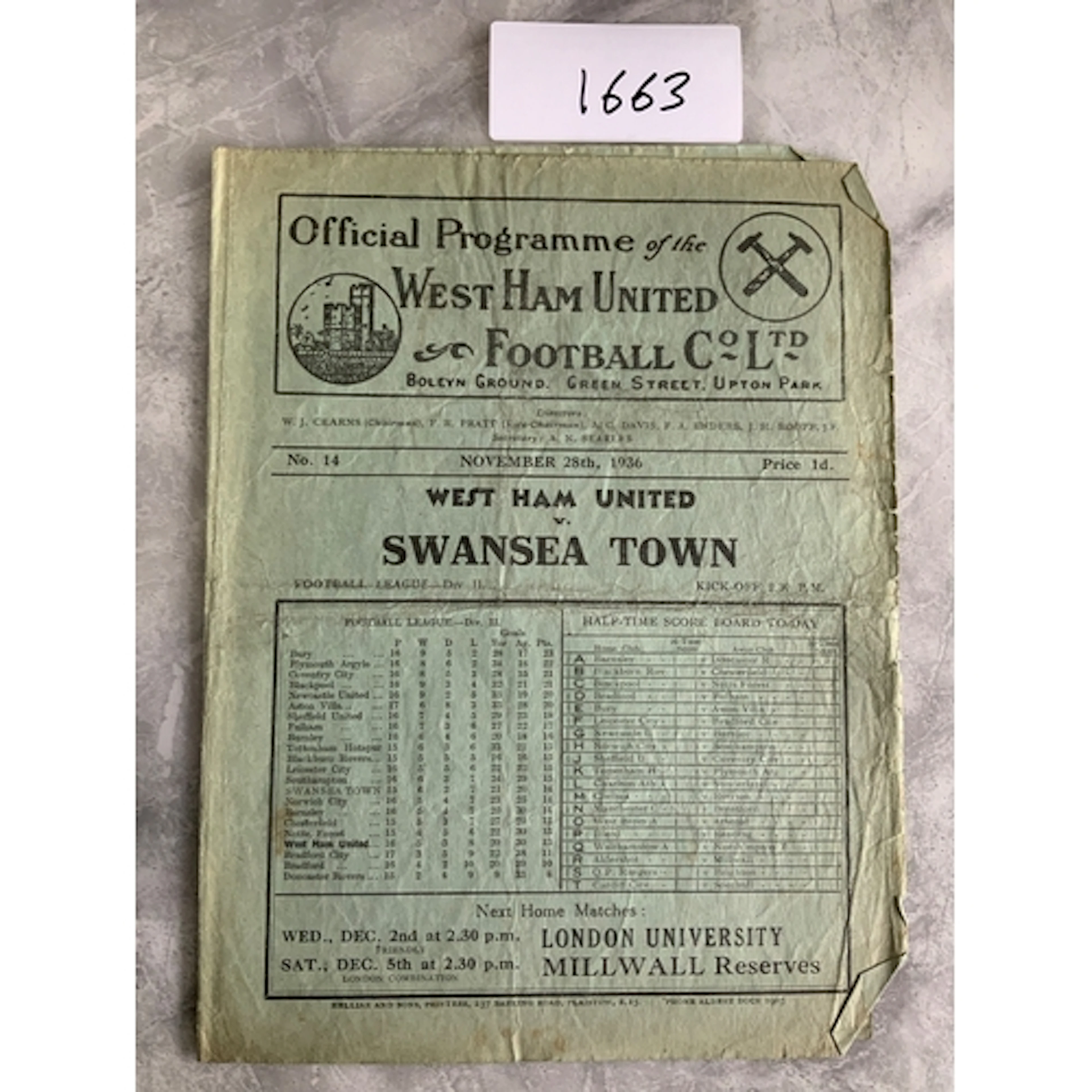 36/37 West Ham v Swansea Football Programme: Fair/good condi...