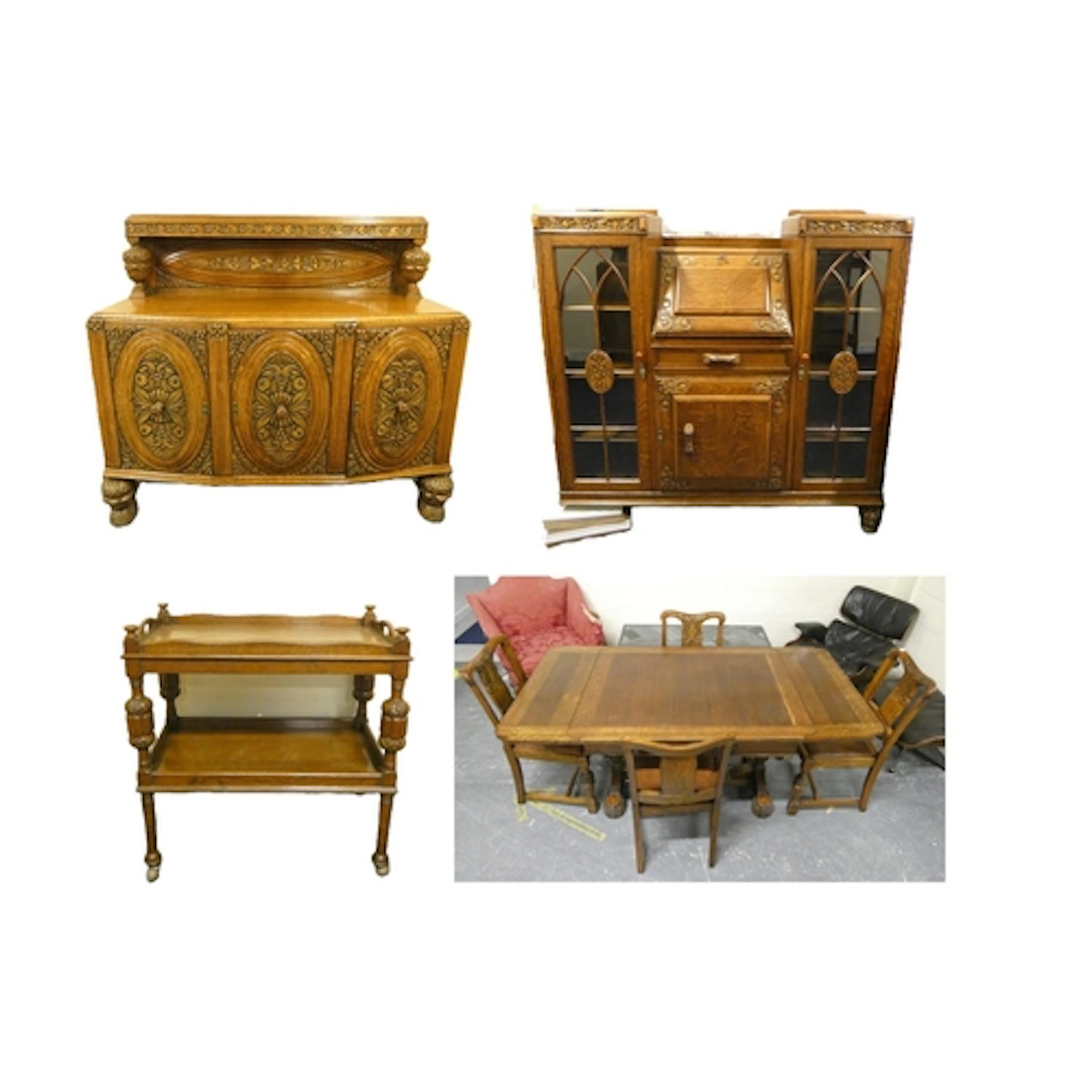 Art Deco carved oak Renaissance revival furniture suite comp...