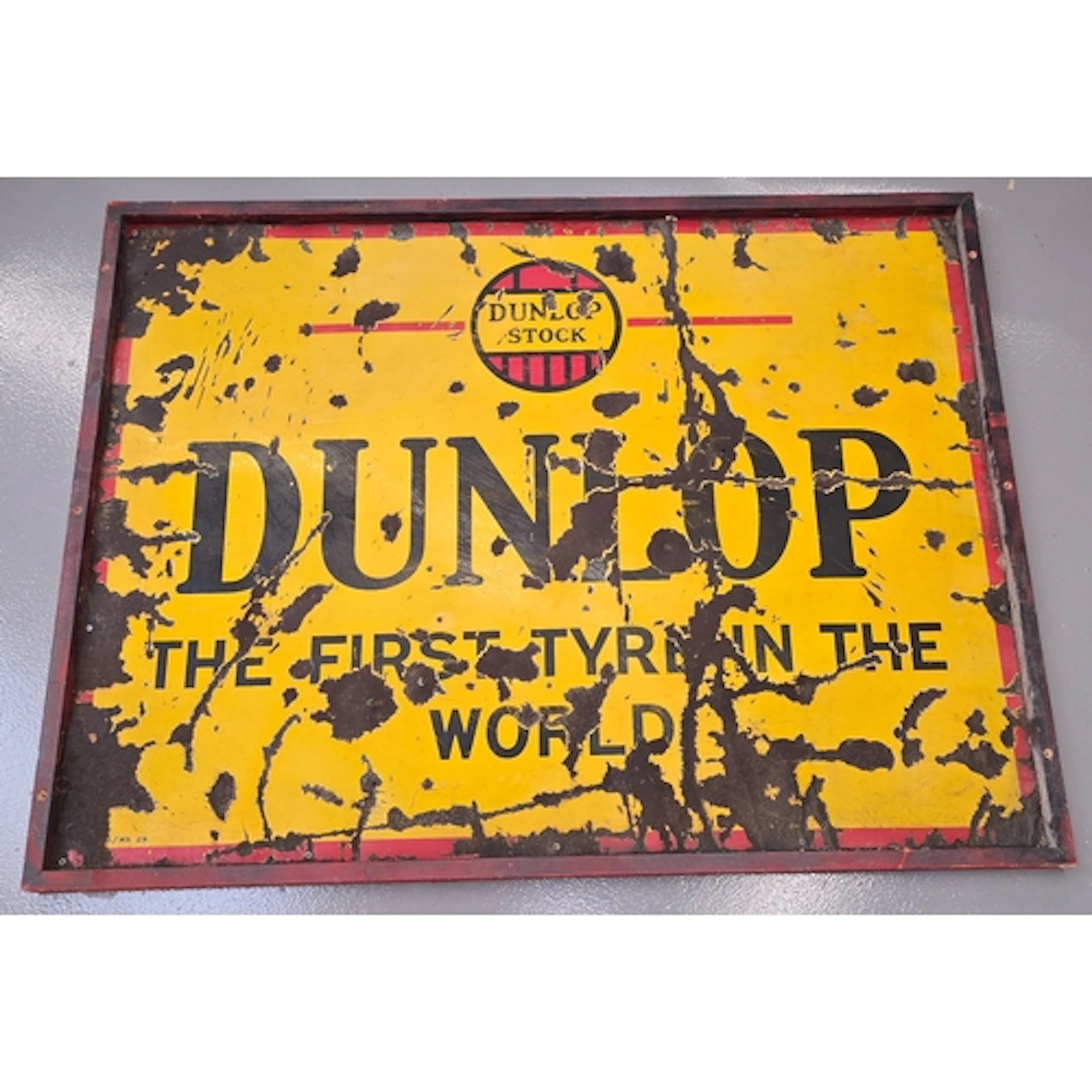 Vintage large framed Dunlop Tyres yellow enamel advertising ...