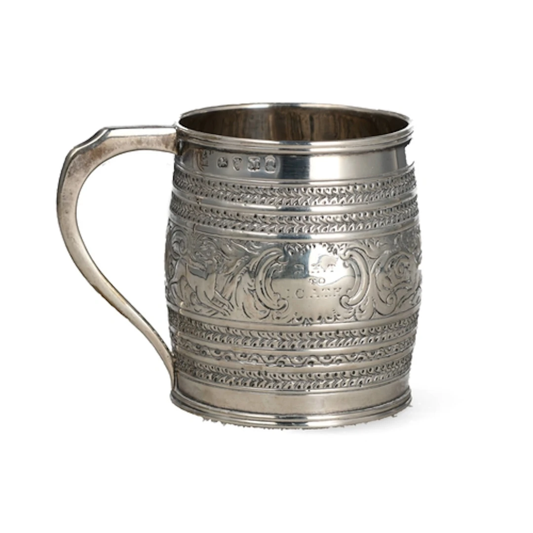 A GEORGE III SILVER BARREL SHAPE CHRISTENING CAN, PETER &...