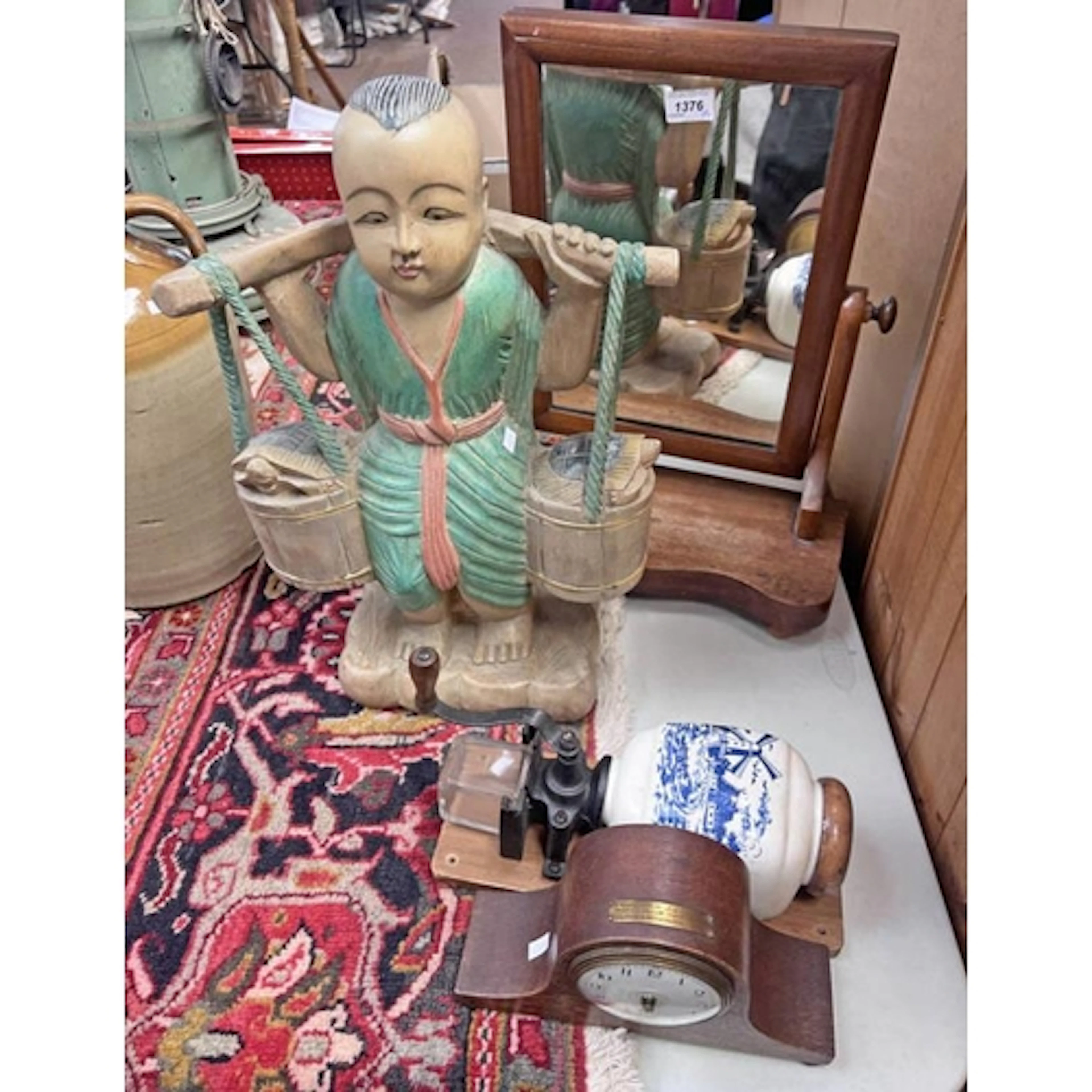 CARVED WOODEN ORIENTAL FIGURE, DRESSING TABLE MIRROR, COFFEE...