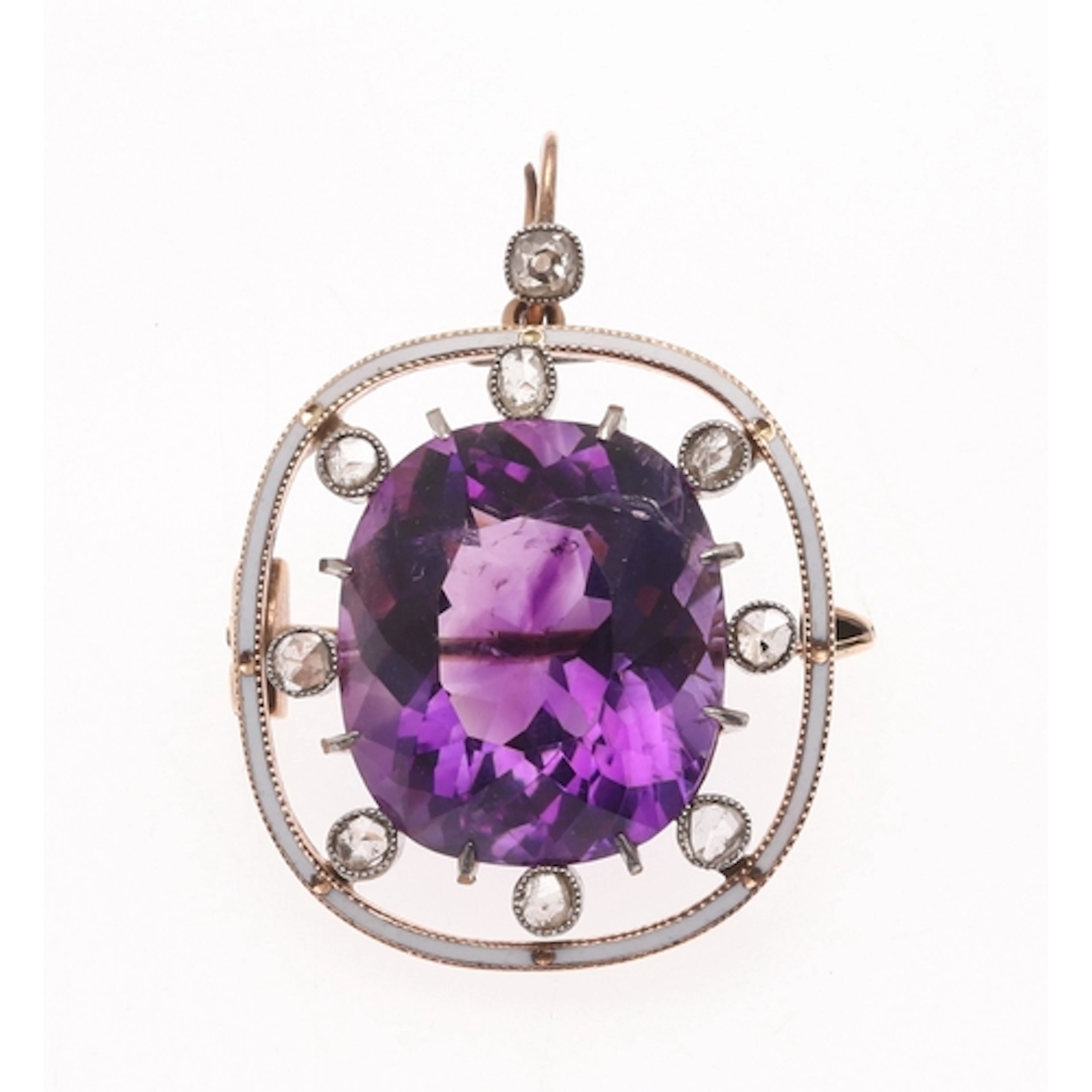 AN AMETHYST, ENAMEL AND DIAMOND PENDANT BROOCH BY CHILD & CH...