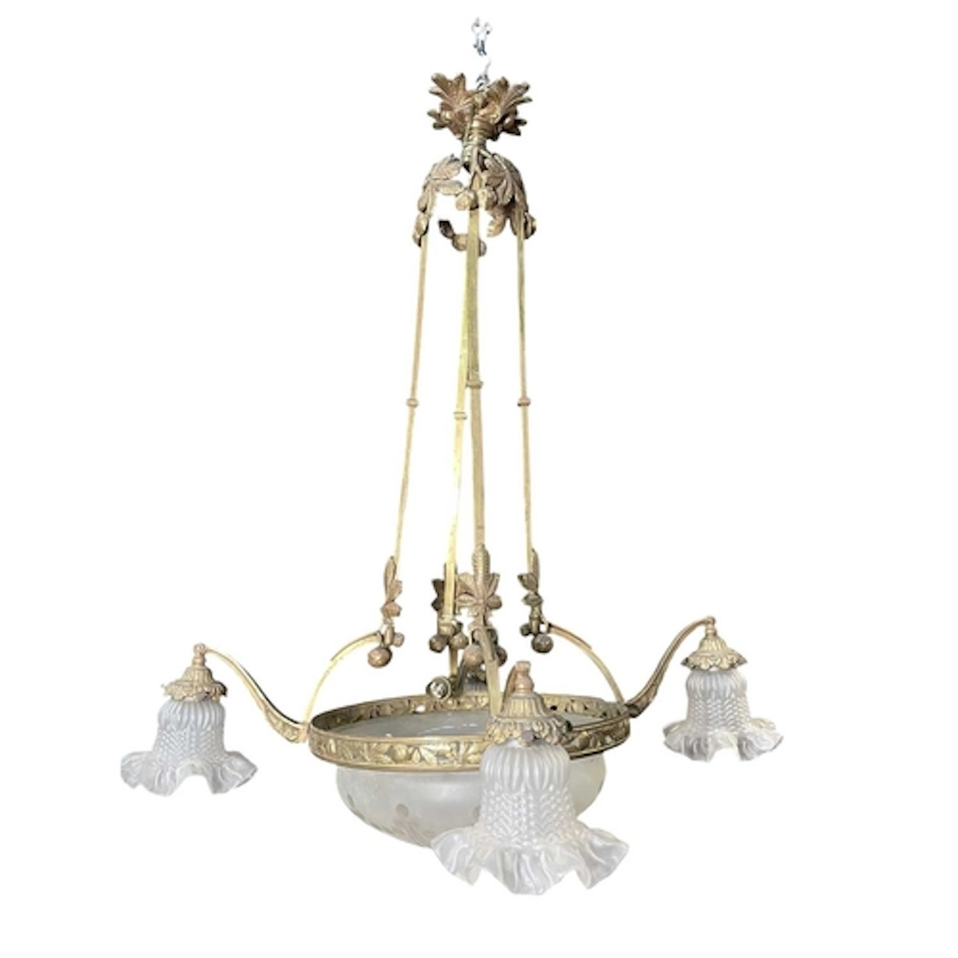 A large 19th century Victorian brass and glass hanging ceili...