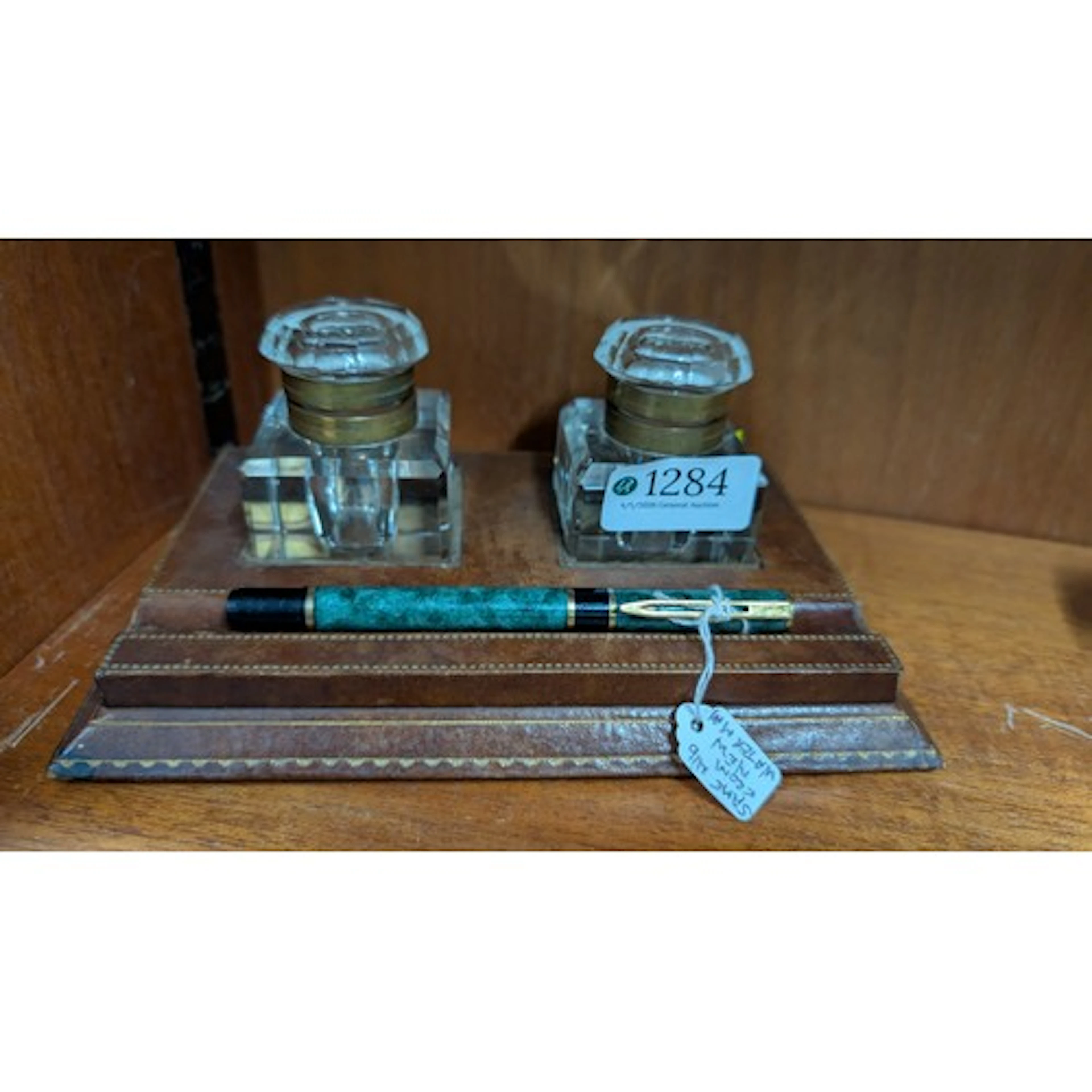 Pen stand with ink wells and Watermans fountain pen