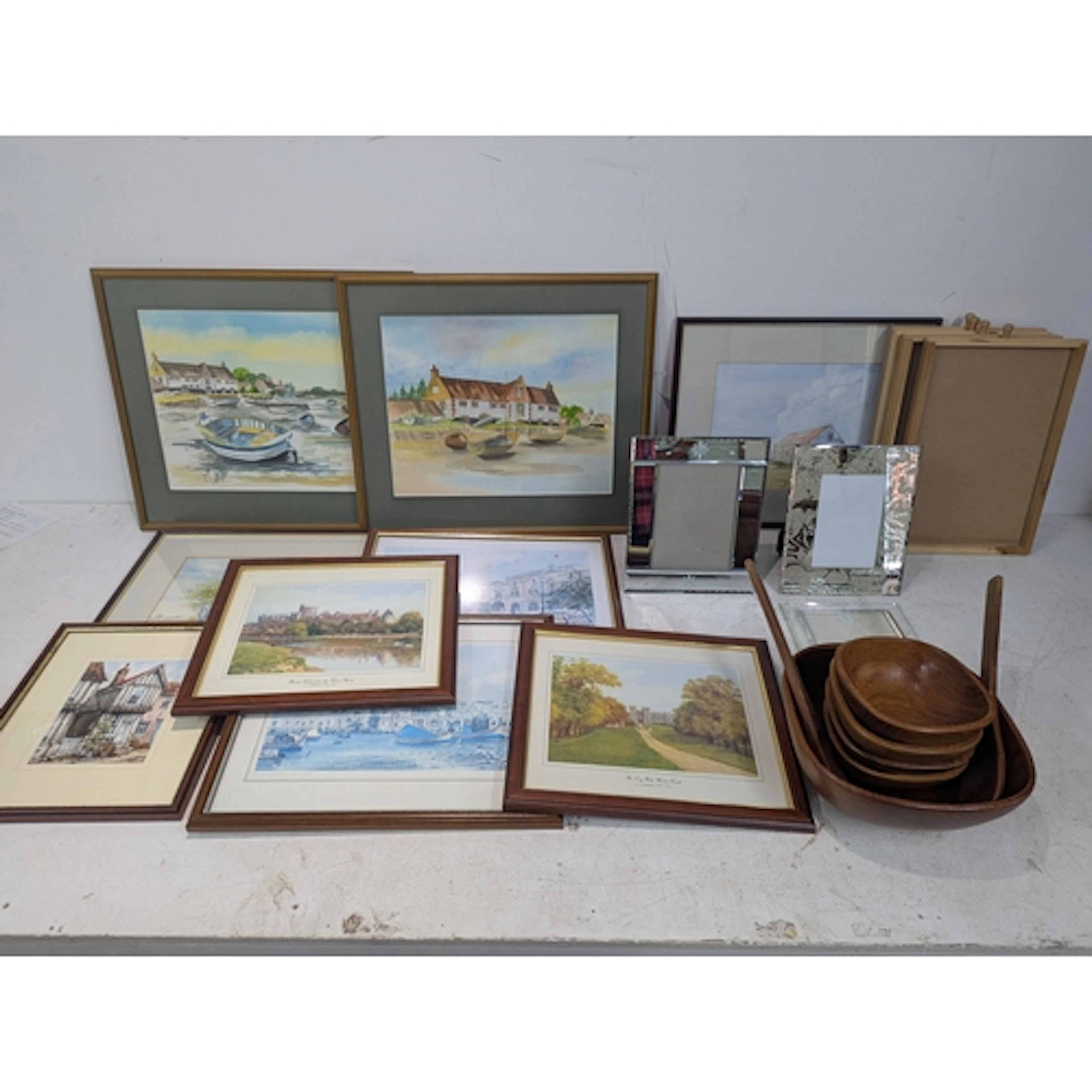 A mixed lot to include framed pictures and prints and a wood...