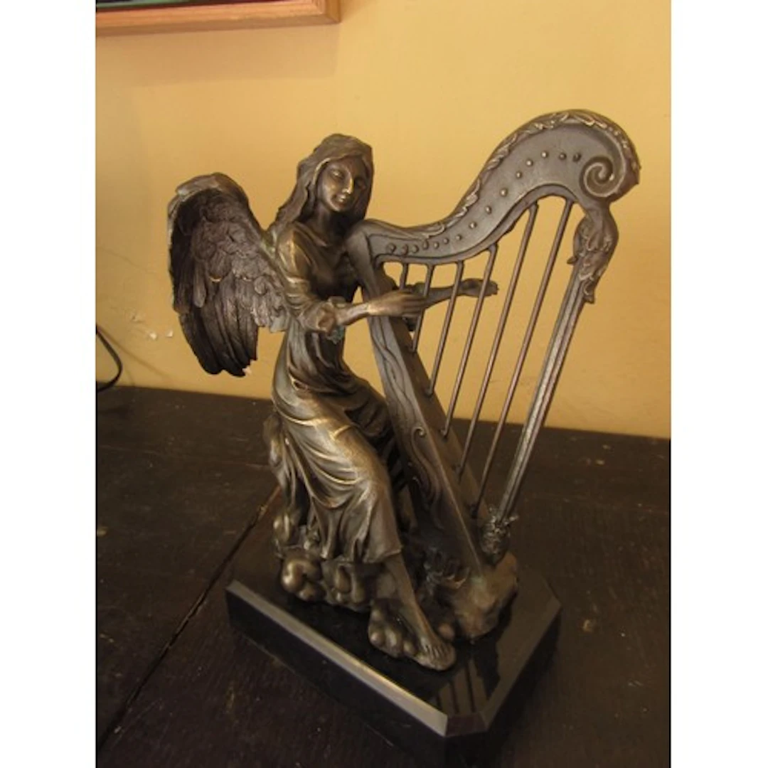 Bronze Sculpture Angel with Harp Mounted on Rectangular Form...