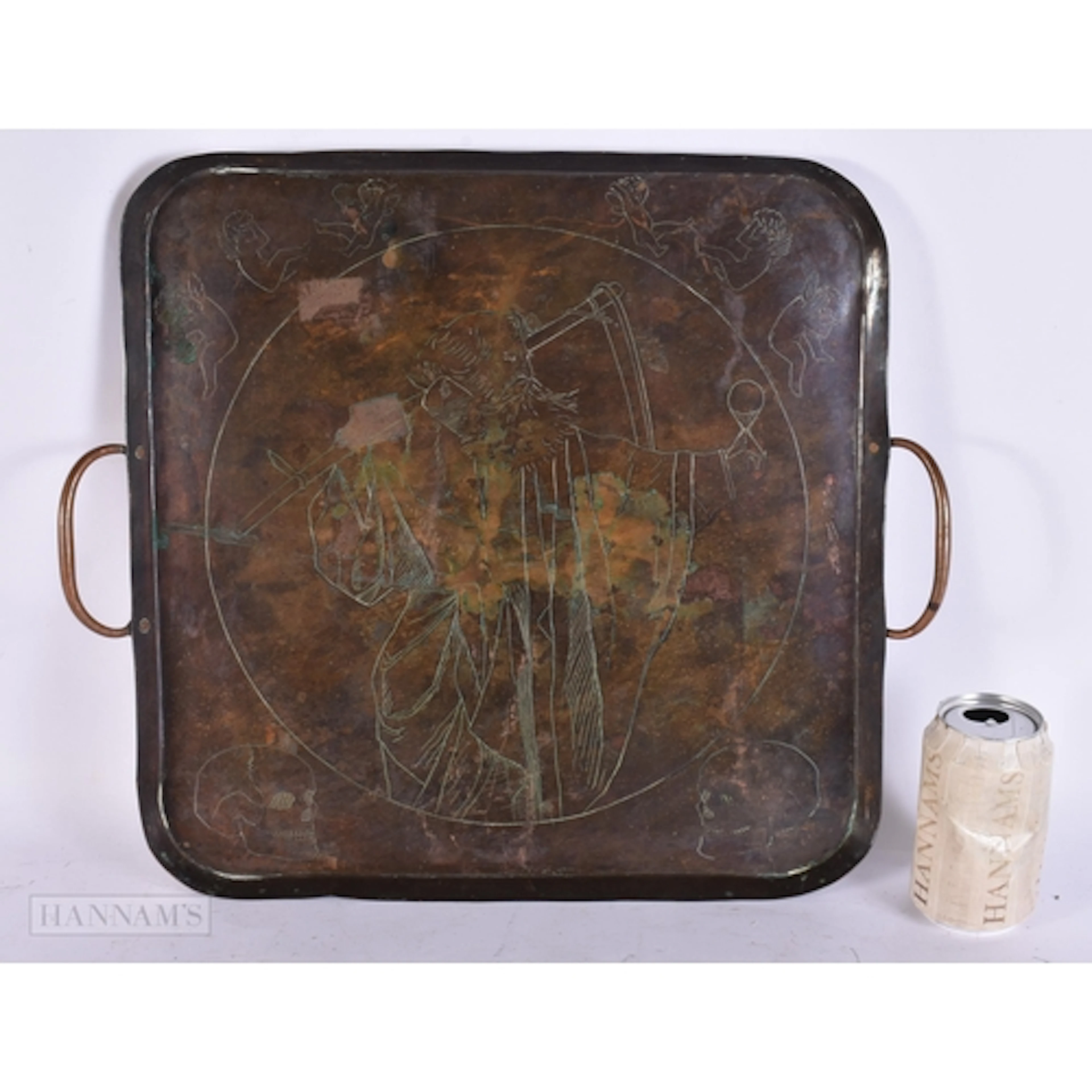 Antique Vintage Copper Tray w/ Etching Depicting Father Time...