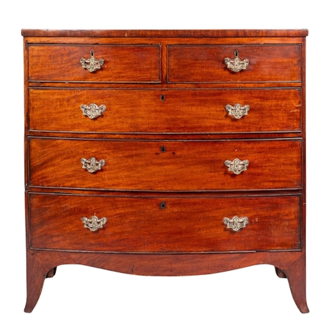 A Regency mahogany bowfront chest of drawers, circa 1815; wi...