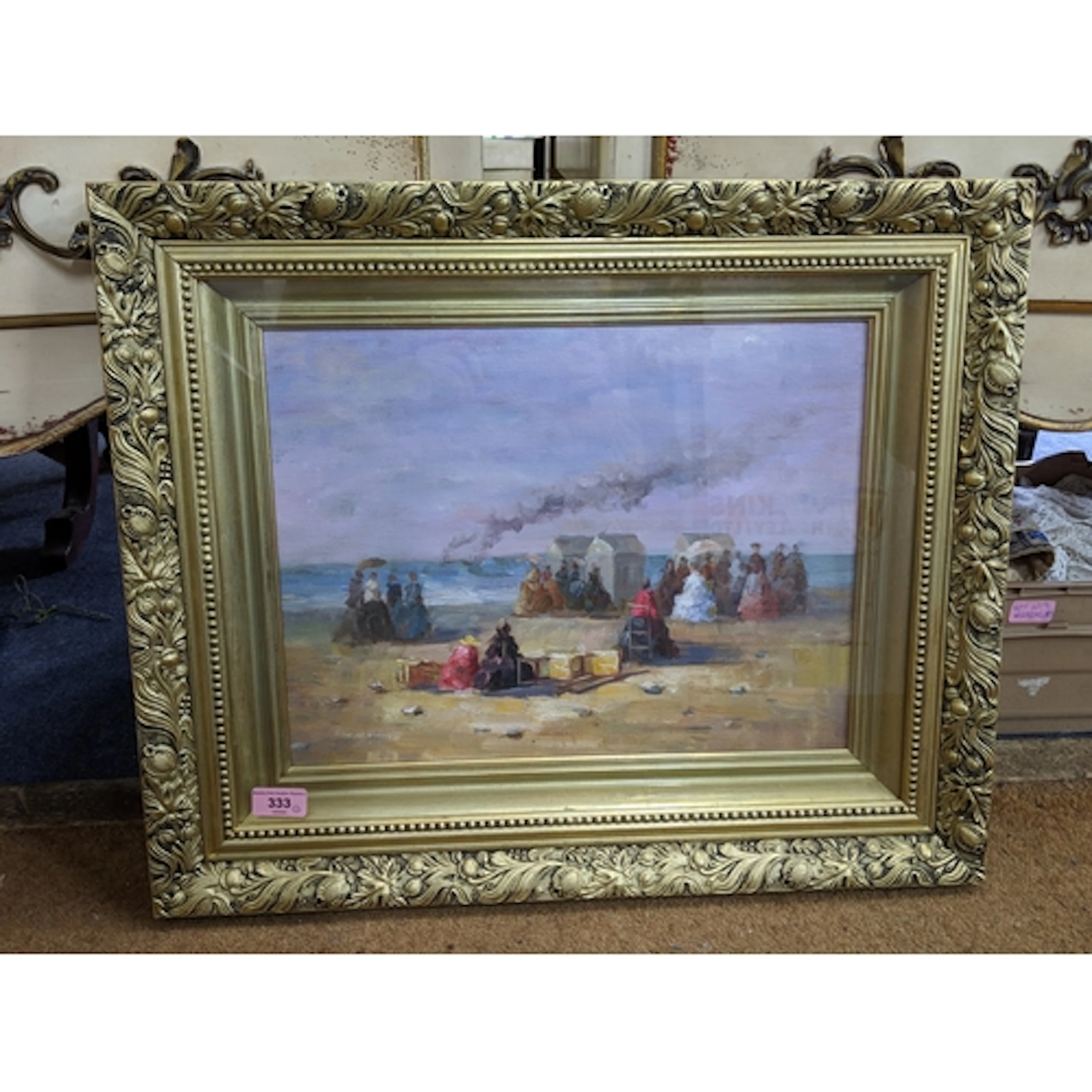 After Eugene Boudin Impressionist oil French beach scene wit...