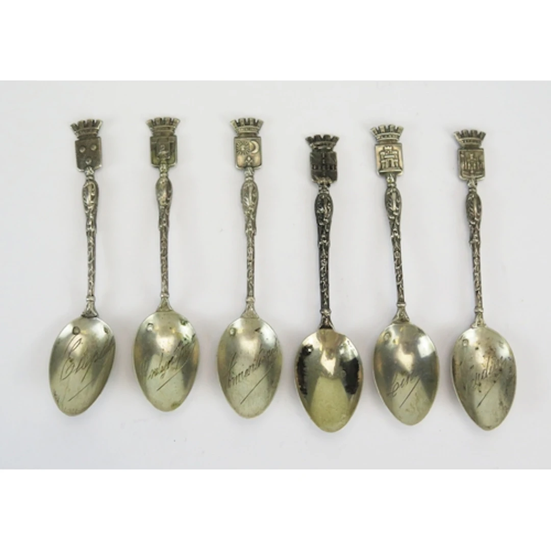Six French silver souvenir spoons, various makers and dates,...