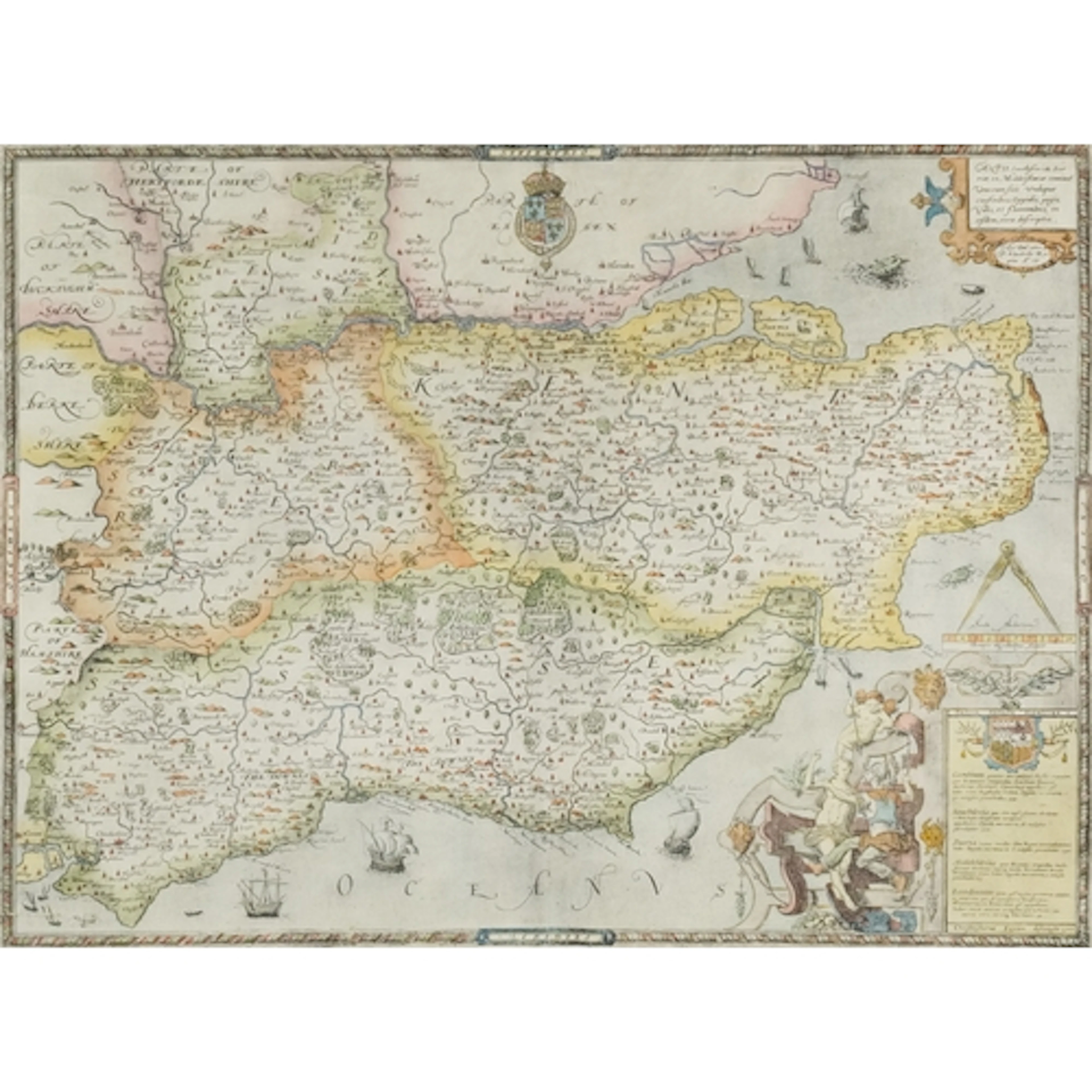 Antique Christopher Saxton coloured map of Essex, framed and...