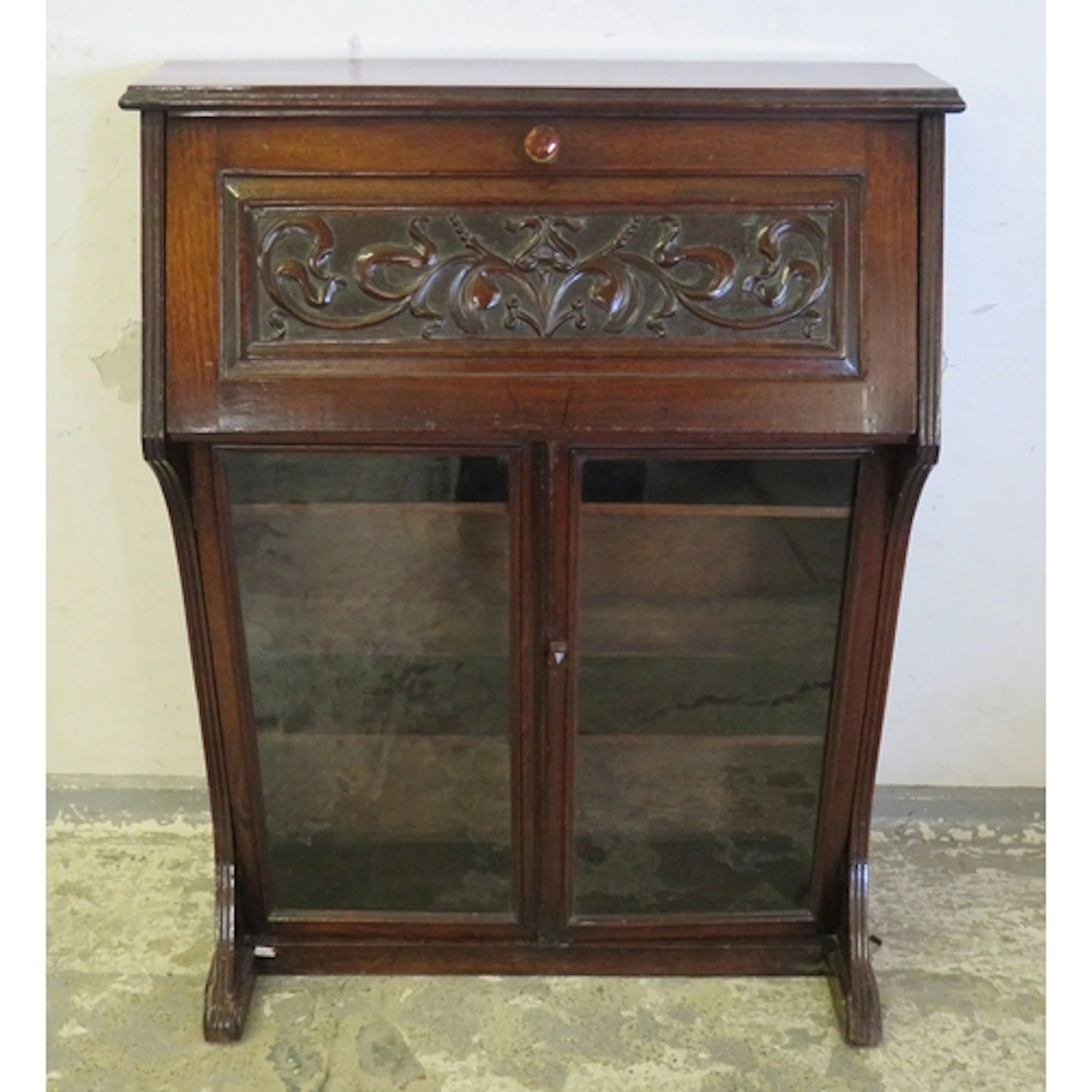 Walnut Antique Bureau Bookcase with carved drop flap writing...