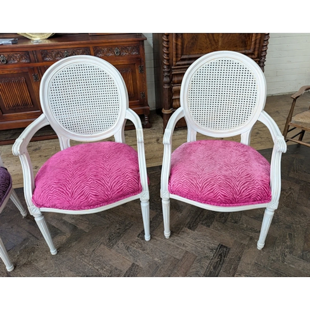 Pair of limewashed French style open arm chairs, with cane p...