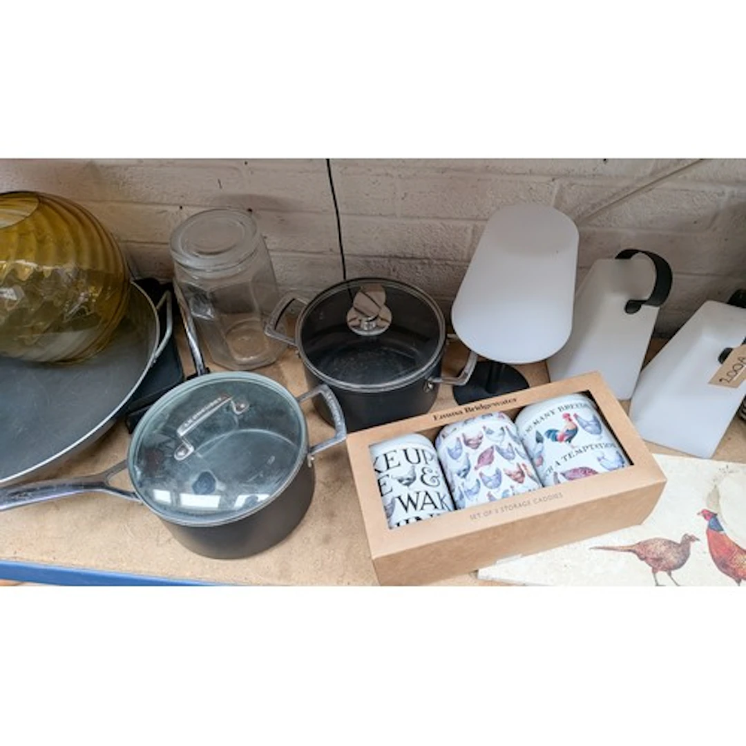 House clearance items to include wicker basket, two black Le...