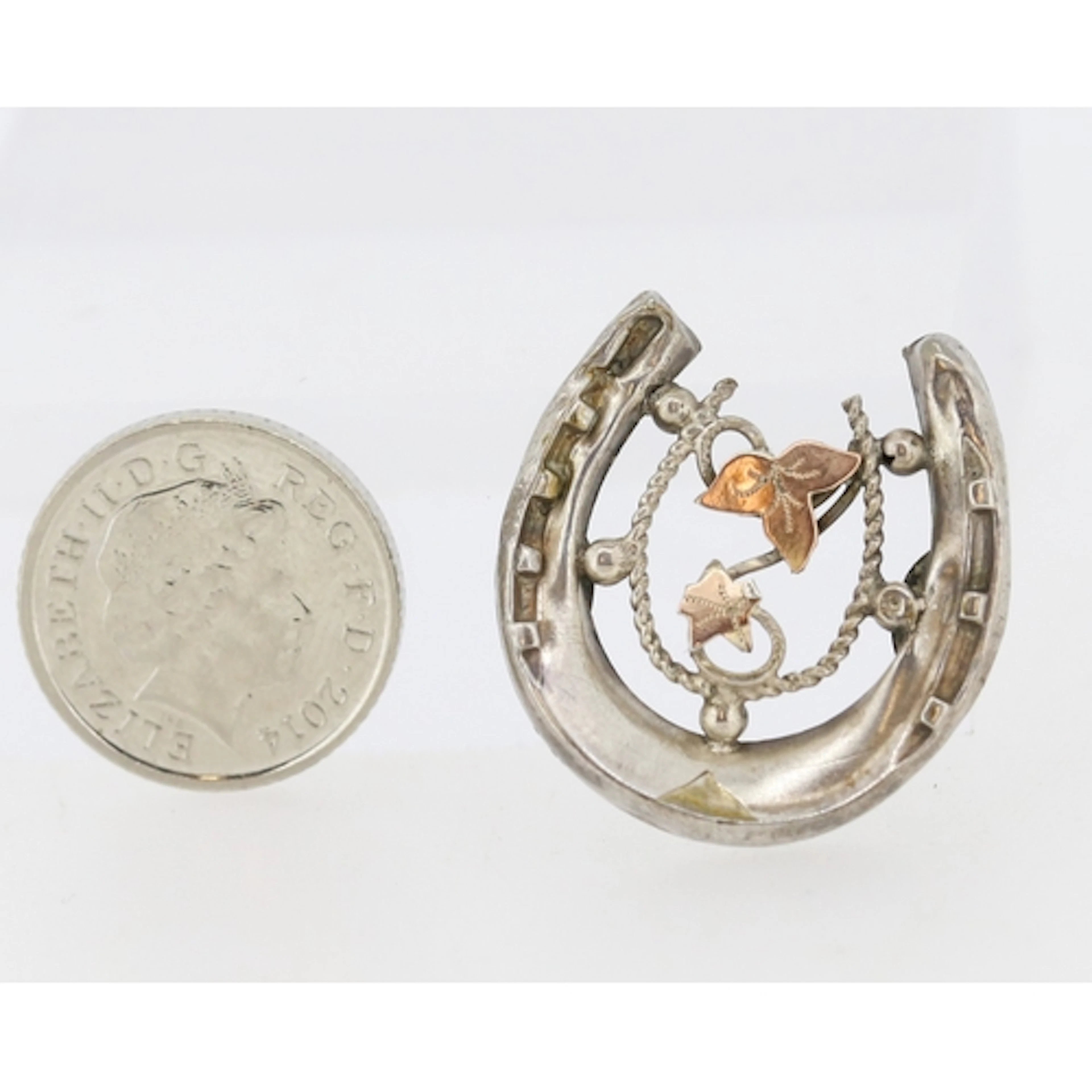 Sterling Sivler Lucky Horseshoe Motif Brooch with Foliage Mo...