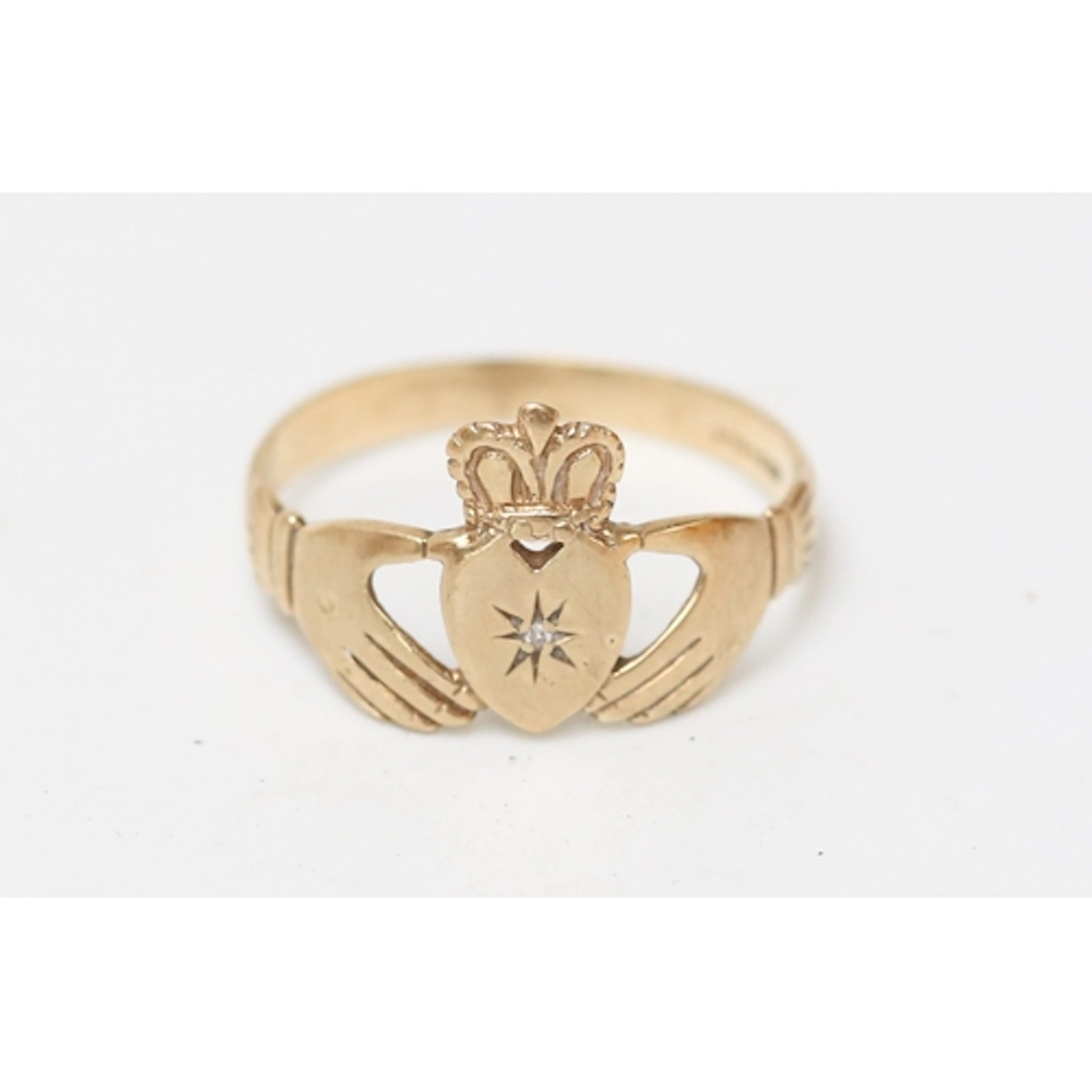 9 Carat Yellow Gold Claddagh Ring with Diamond Inset, Ring S...