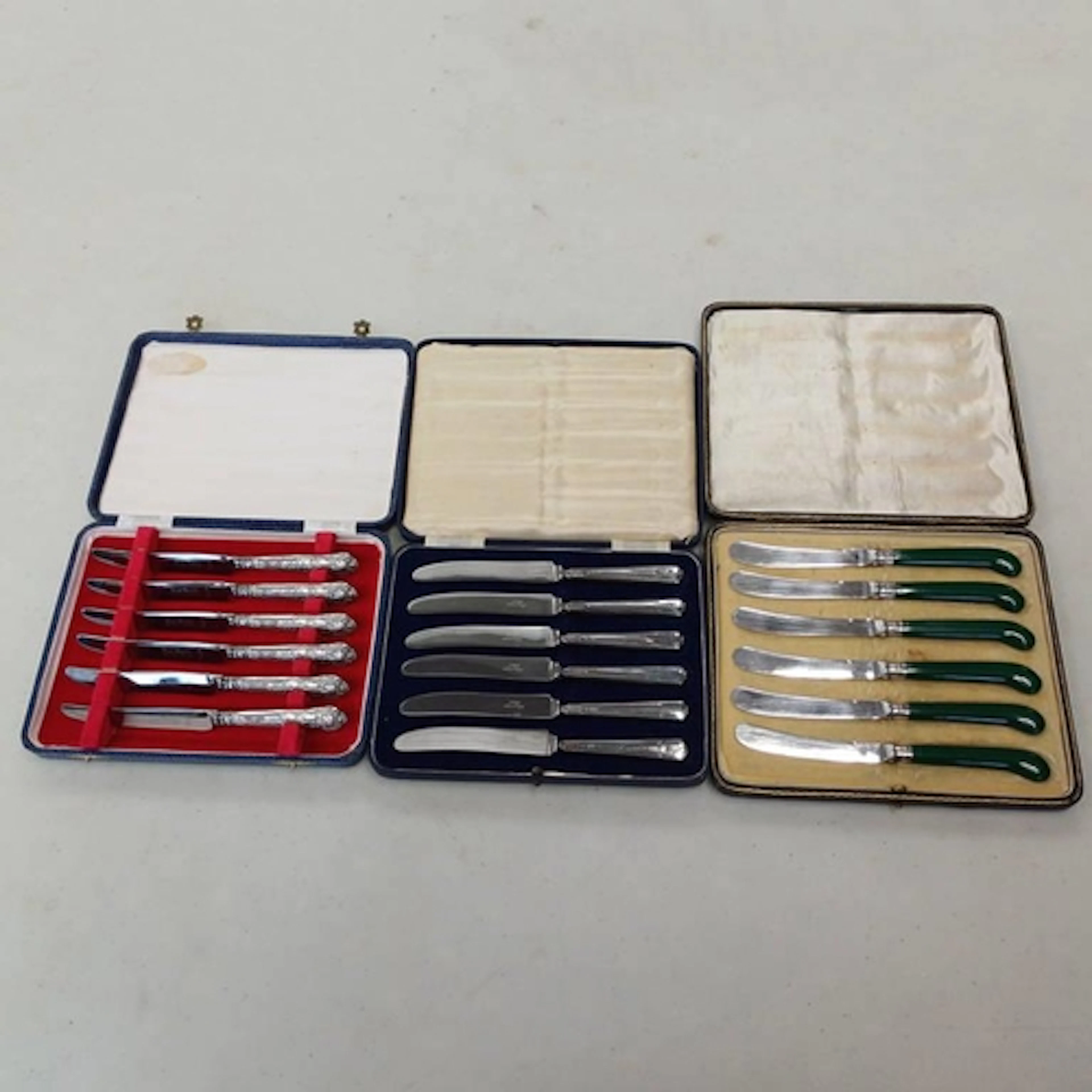 2 CASED SETS OF 6 SILVER HANDLED KNIVES & CASED SET OF 6 SIL...