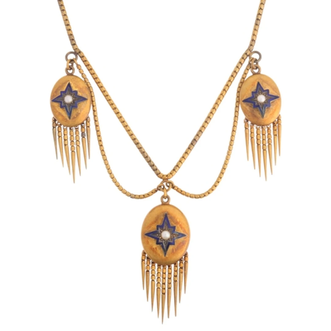 An Antique Victorian Etruscan Revival gold pearl and enamel ...