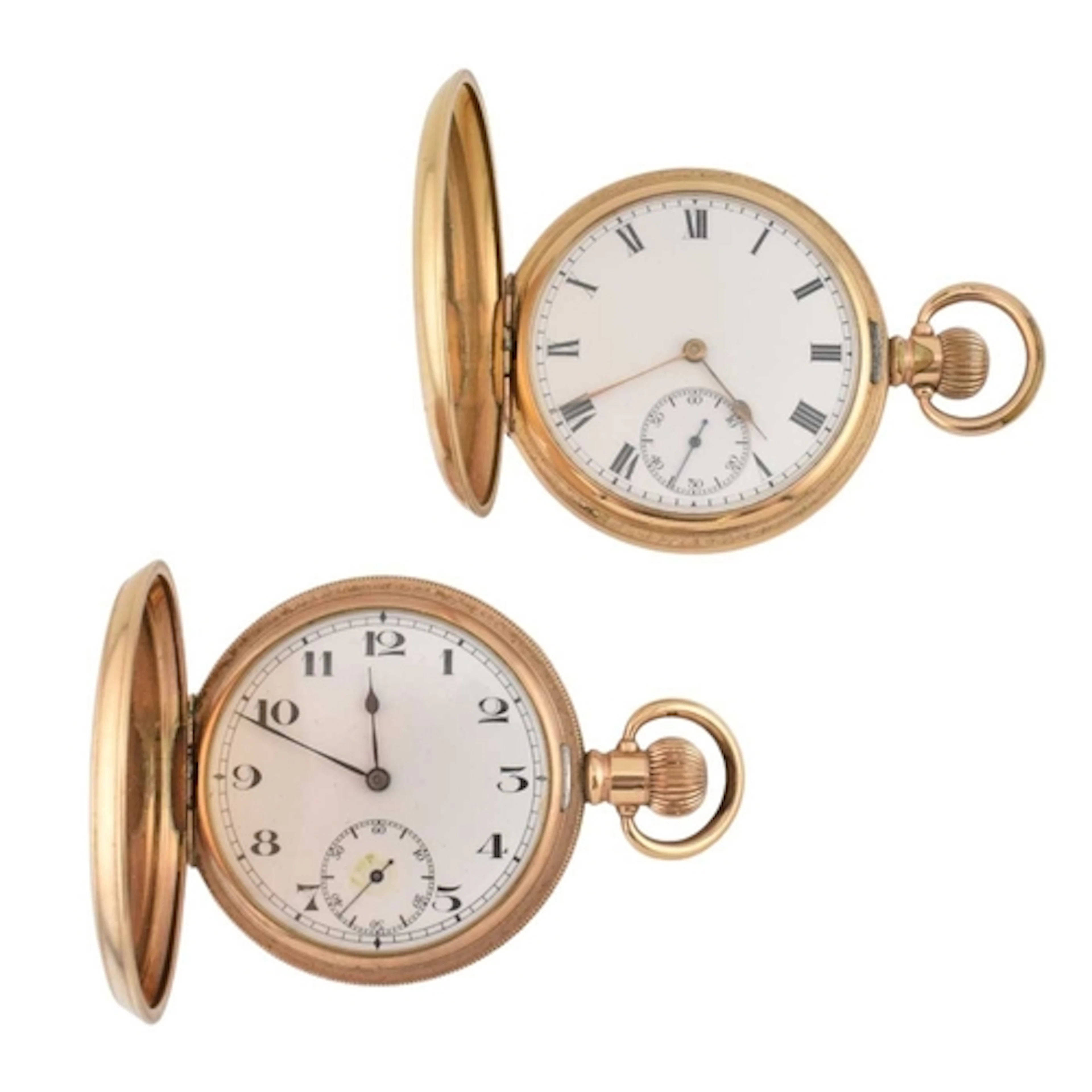 Two gold plated full hunter pocket watches: a Waltham Travel...